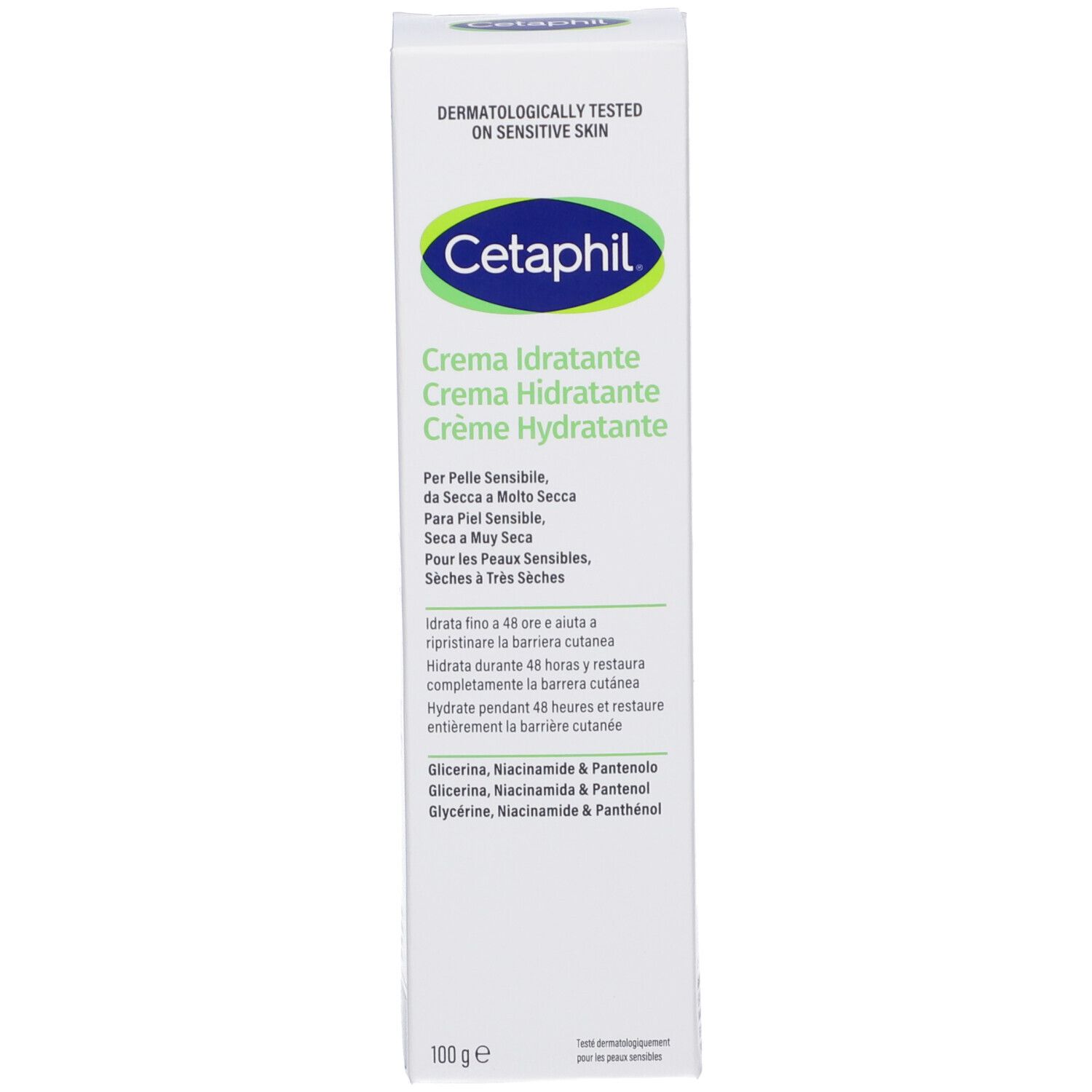 Kartonverpackung. Aufschrift: Cetaphil, Crema Idratante. Text in mehreren Sprachen. 100g. Dermatologisch getestet.