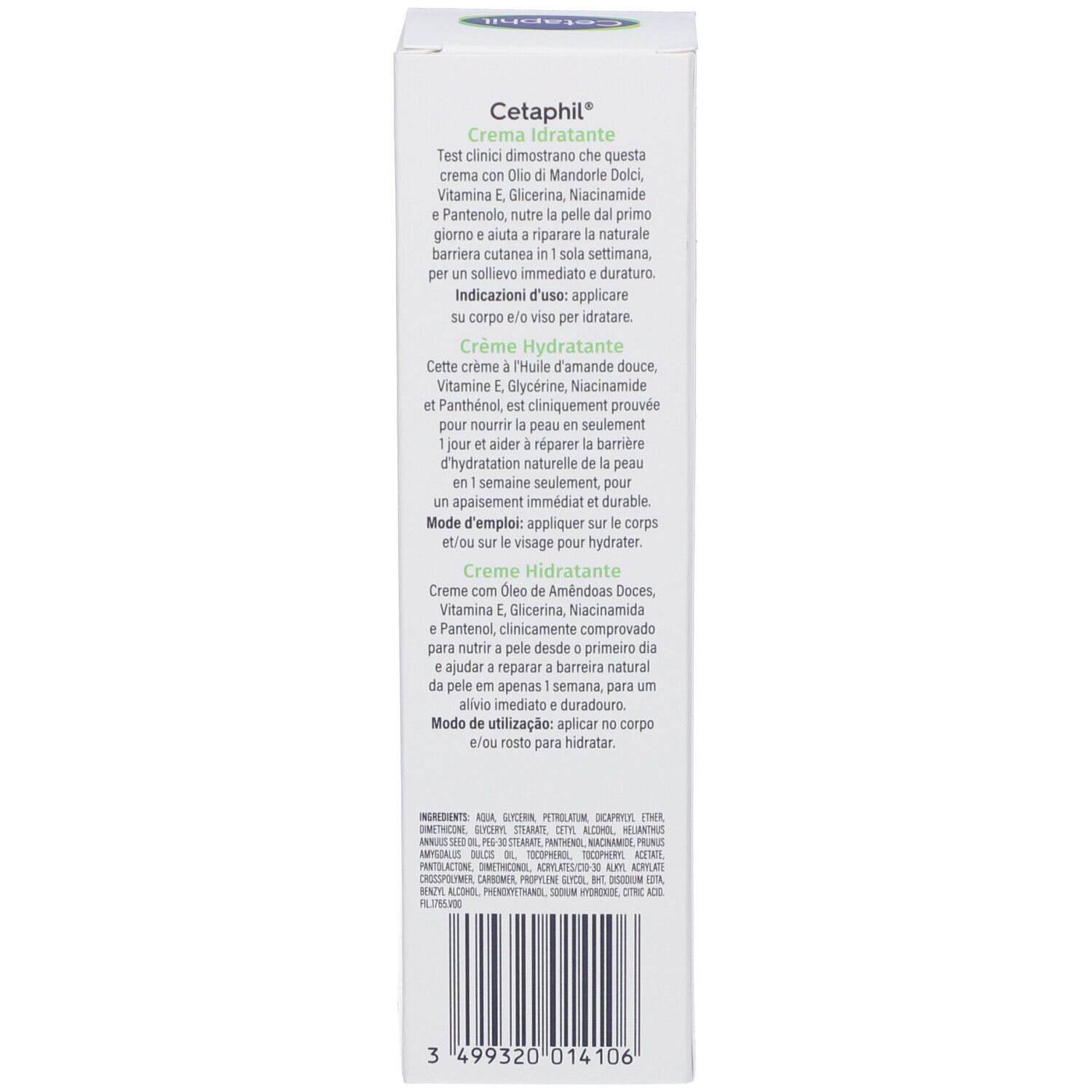 Seite der Kartonverpackung. Text in mehreren Sprachen. Inhaltsstoffe und Anwendungshinweise. Marke Cetaphil.