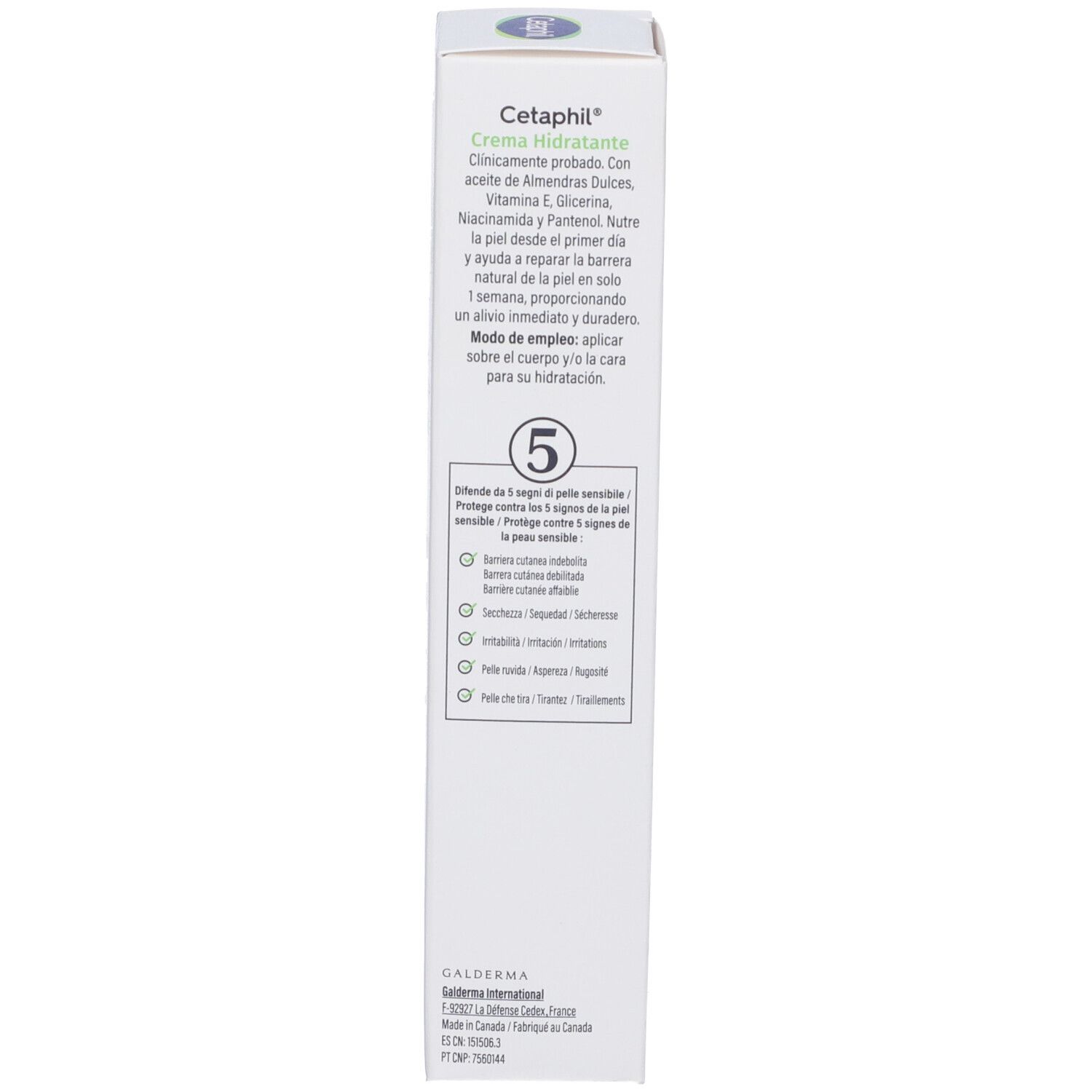 Seite der Kartonverpackung. Text in mehreren Sprachen. Beschreibung der Vorteile. Marke Cetaphil.