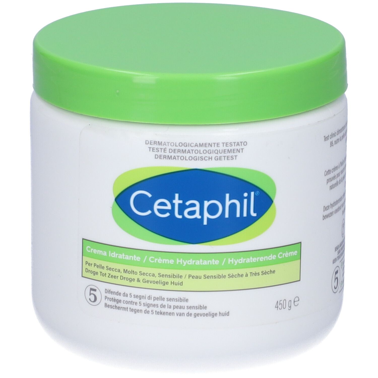 Vaso bianco con coperchio verde. Logo Cetaphil e nome del prodotto. Testo: Crème Idratante, 450g.