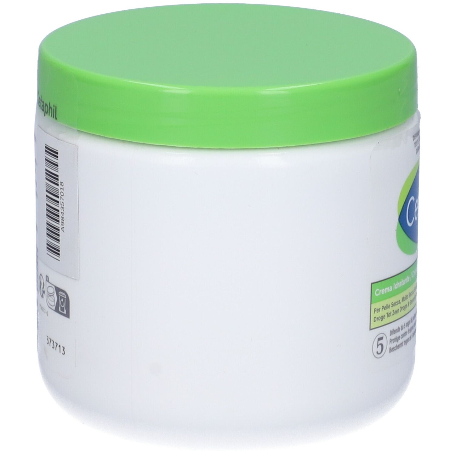 Vaso bianco con coperchio verde, vista laterale. Etichetta con codice a barre e informazioni sul prodotto.