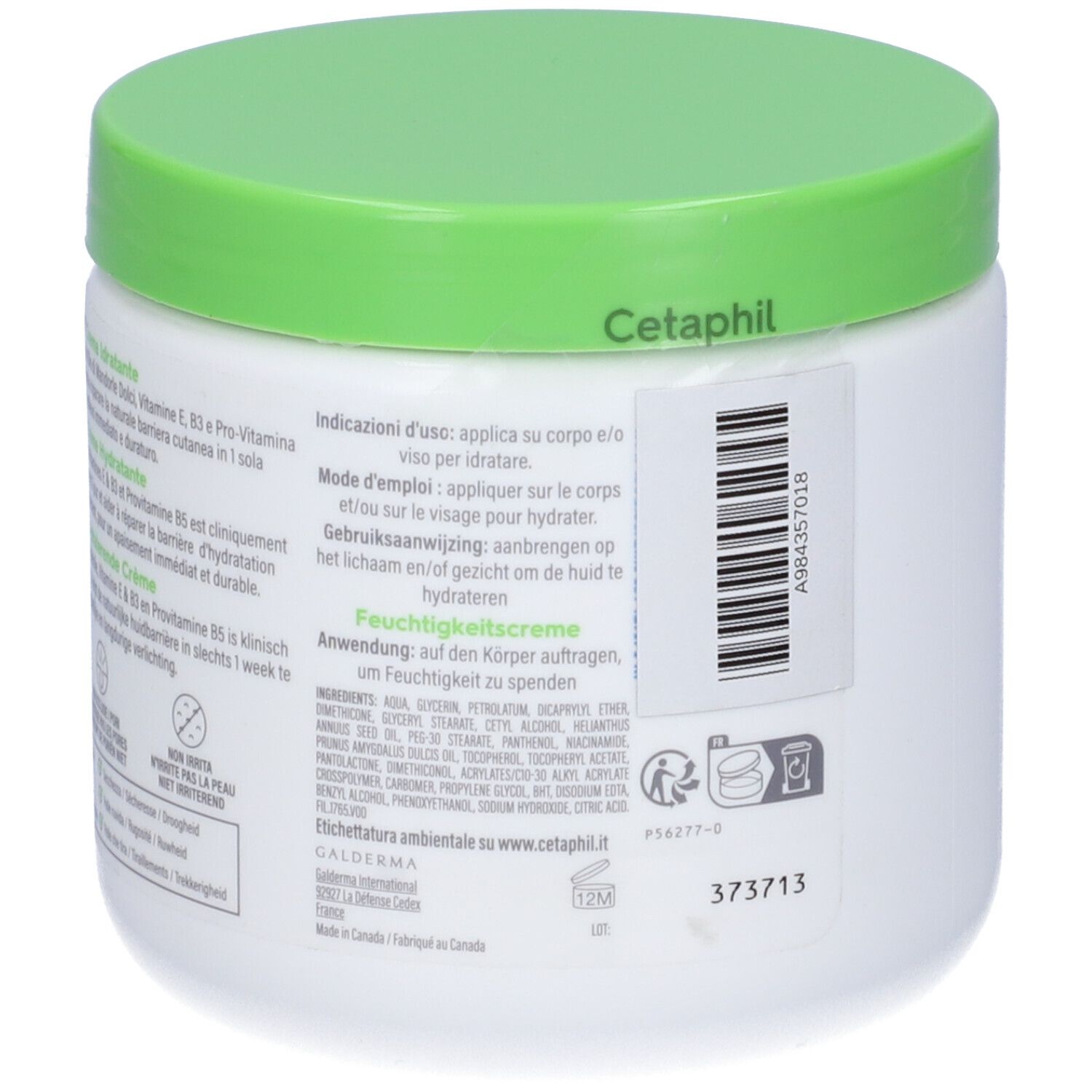 Retro di un vaso bianco con coperchio verde. Informazioni sul prodotto e ingredienti.