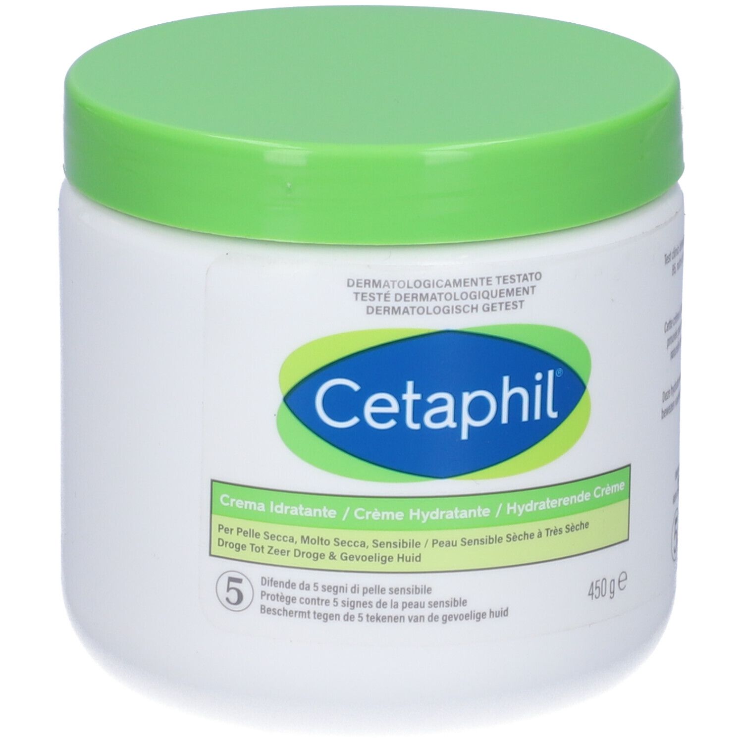 Vaso bianco con coperchio verde. Logo Cetaphil e nome del prodotto. Testo: Crème Idratante, 450g.