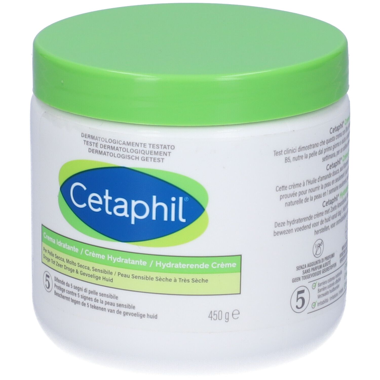 Vaso bianco con coperchio verde. Logo Cetaphil e nome del prodotto. Testo: Crème Idratante, 450g.