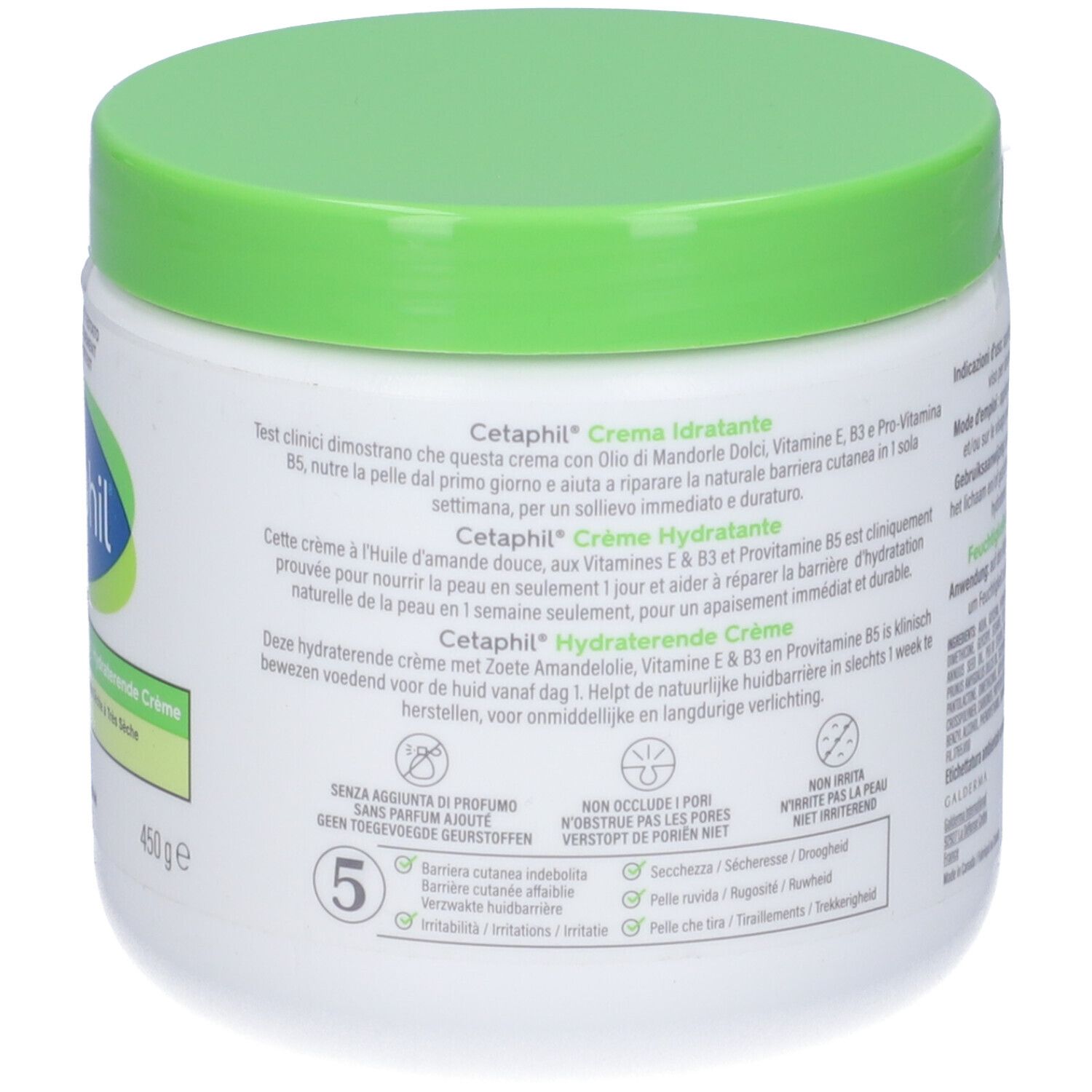 Retro di un vaso bianco con coperchio verde. Informazioni sul prodotto e ingredienti.