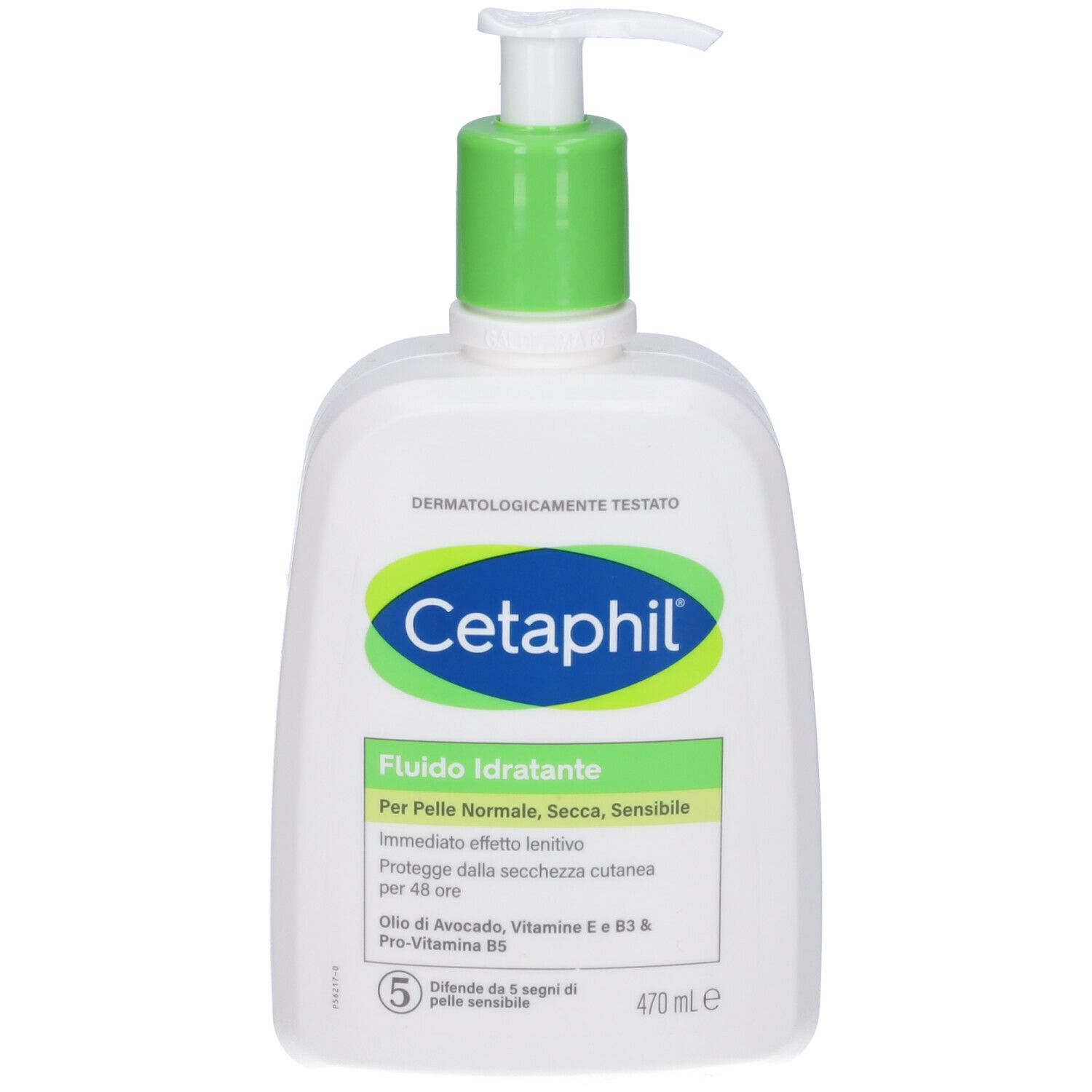 Flacone bianco con erogatore verde. Scritta Cetaphil Fluido Idratante. Per pelli normali, secche e sensibili.
