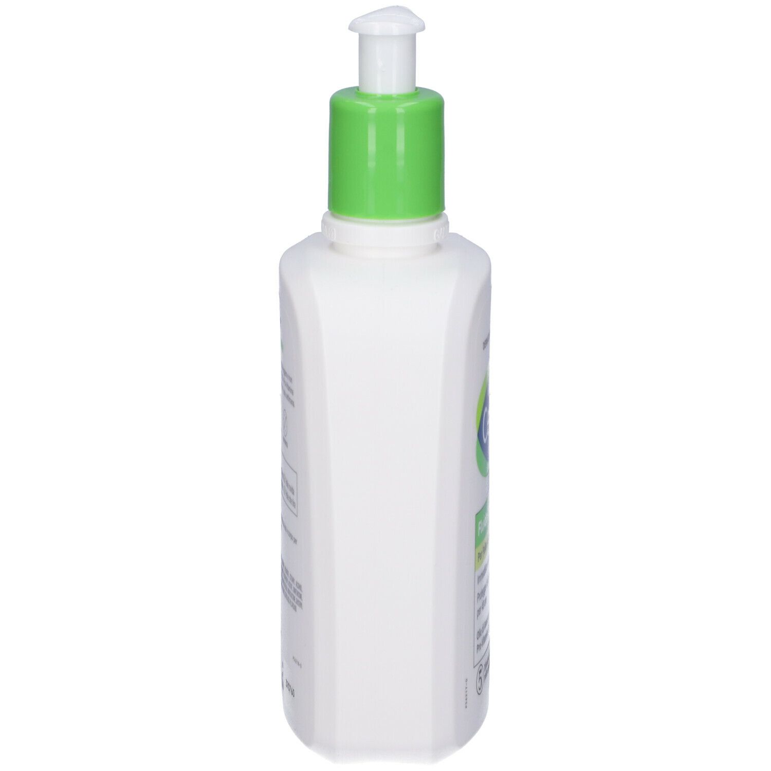 Flacone bianco con erogatore verde, vista laterale. Scritta Cetaphil. Per pelli normali, secche e sensibili.