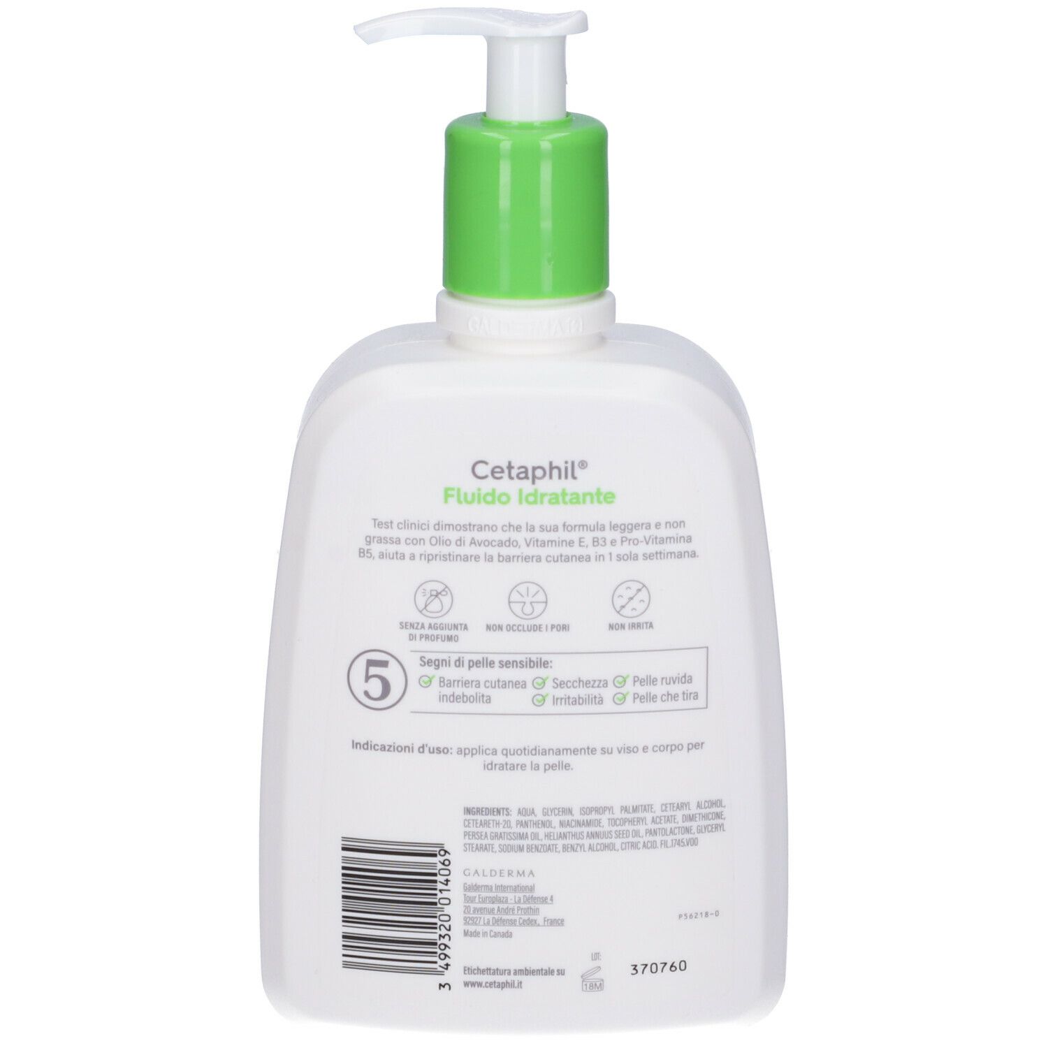 Retro di un flacone bianco con erogatore verde. Testo Cetaphil Fluido Idratante. Ingredienti e istruzioni per l'uso.