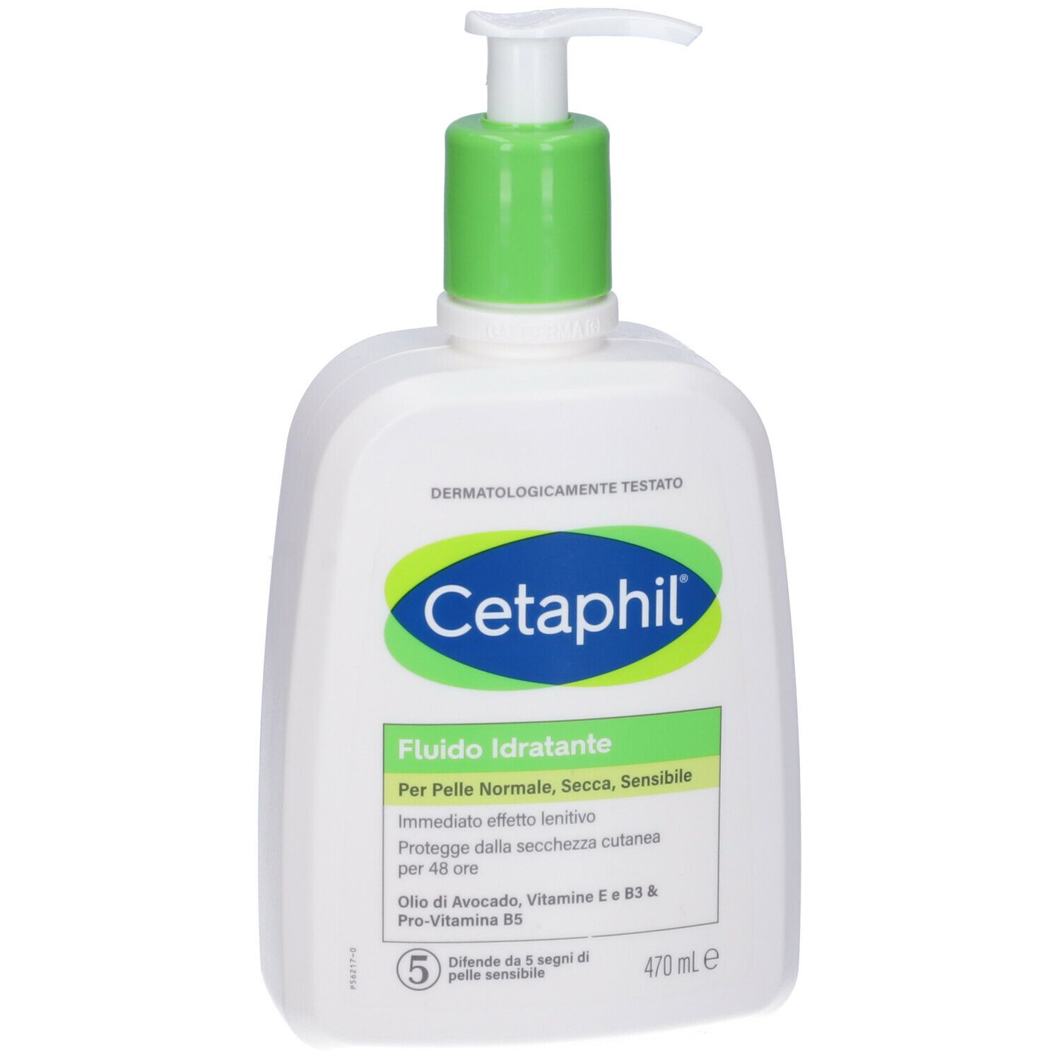 Flacone bianco con erogatore verde. Scritta Cetaphil Fluido Idratante. Per pelli normali, secche e sensibili.