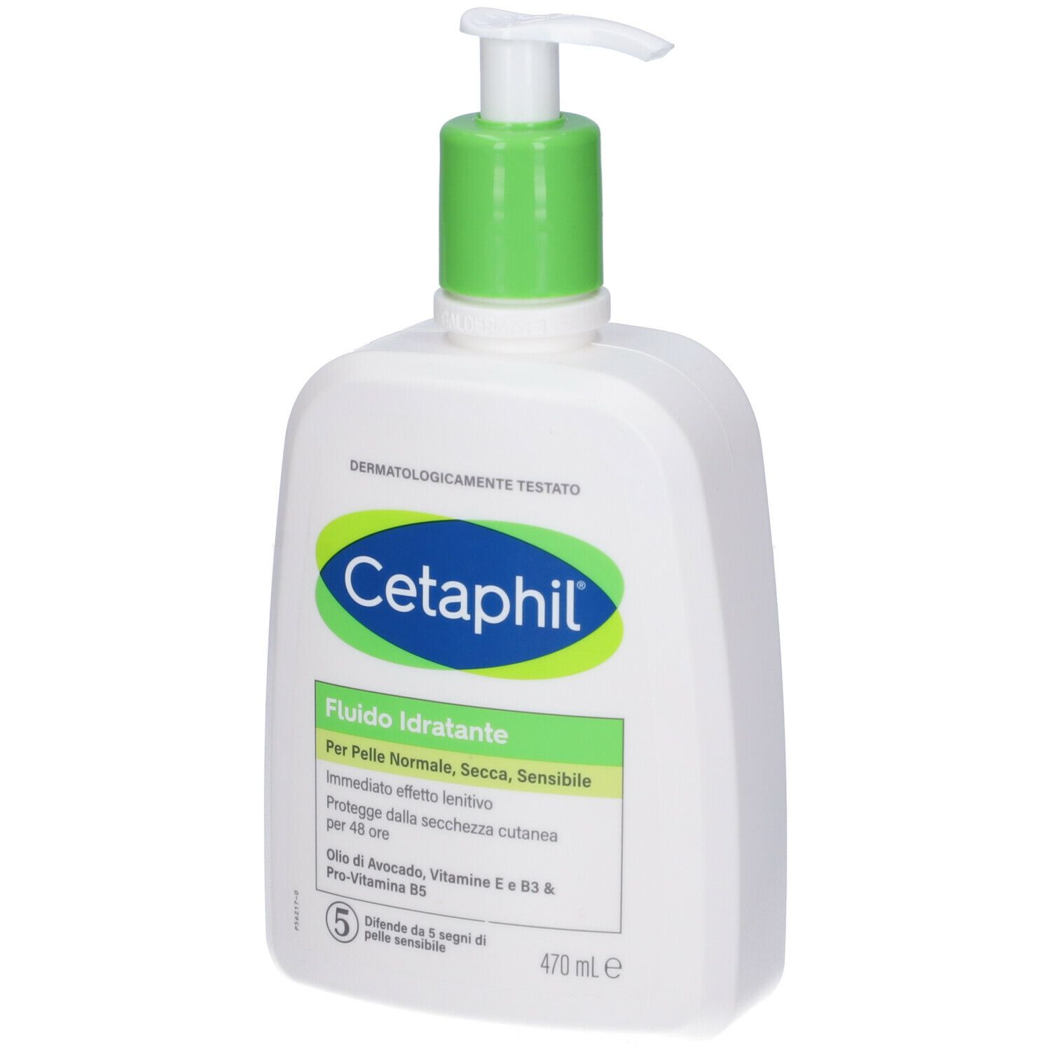Flacone bianco con erogatore verde. Scritta Cetaphil Fluido Idratante. Per pelli normali, secche e sensibili.