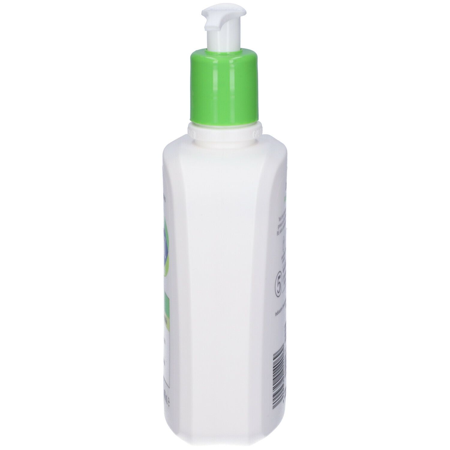 Flacone bianco con erogatore verde, vista laterale. Scritta Cetaphil. Per pelli normali, secche e sensibili.