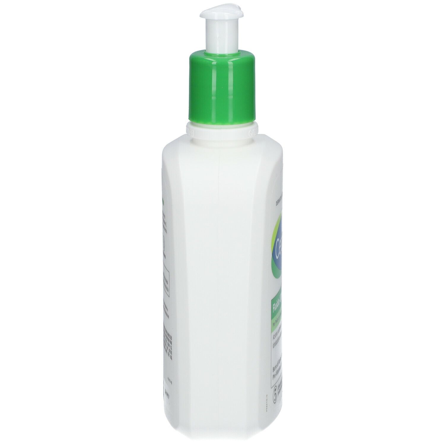 Flacone bianco con erogatore verde, vista laterale. Scritta Cetaphil.