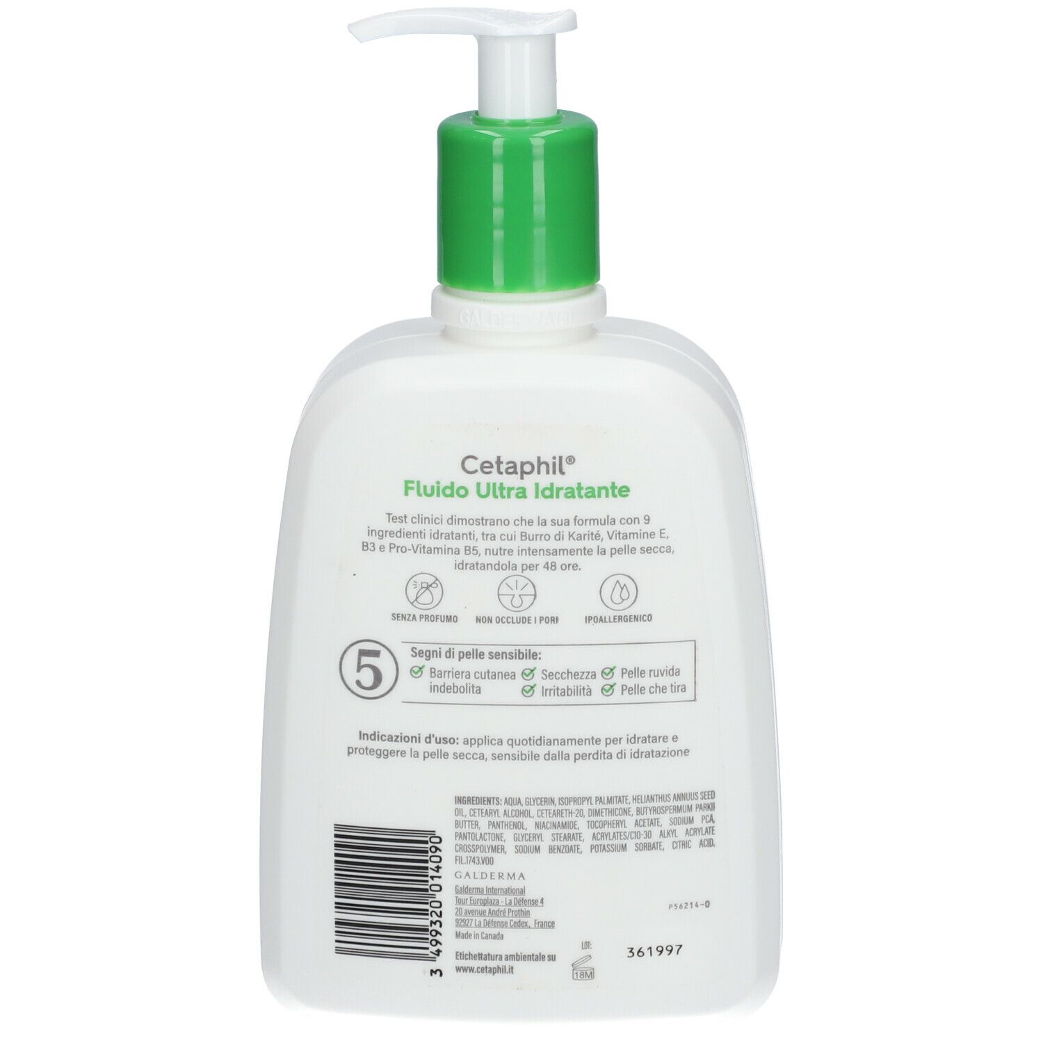 Retro del flacone bianco con erogatore verde. Testo Cetaphil, Fluido Ultra Idratante. Ingredienti.