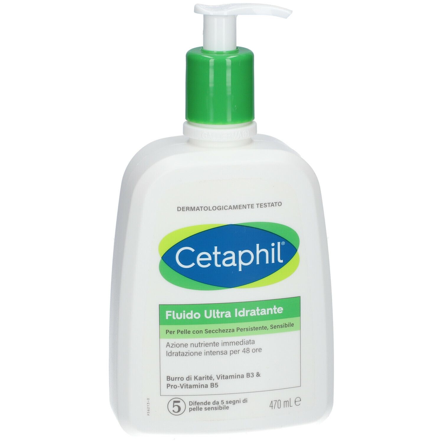 Flacone bianco con erogatore verde. Scritta Cetaphil, Fluido Ultra Idratante. 470 ml.