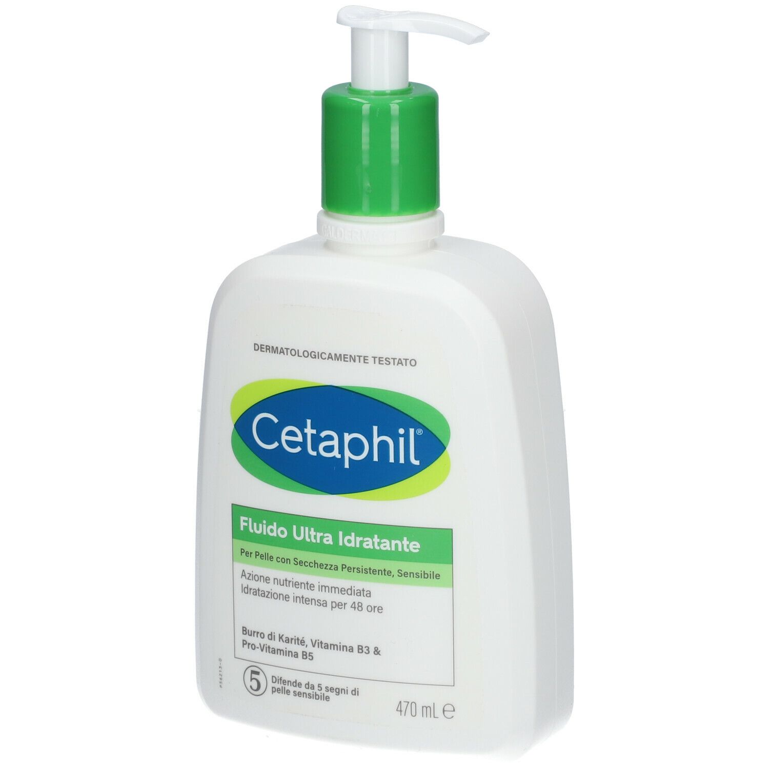 Flacone bianco con erogatore verde. Scritta Cetaphil, Fluido Ultra Idratante. 470 ml.