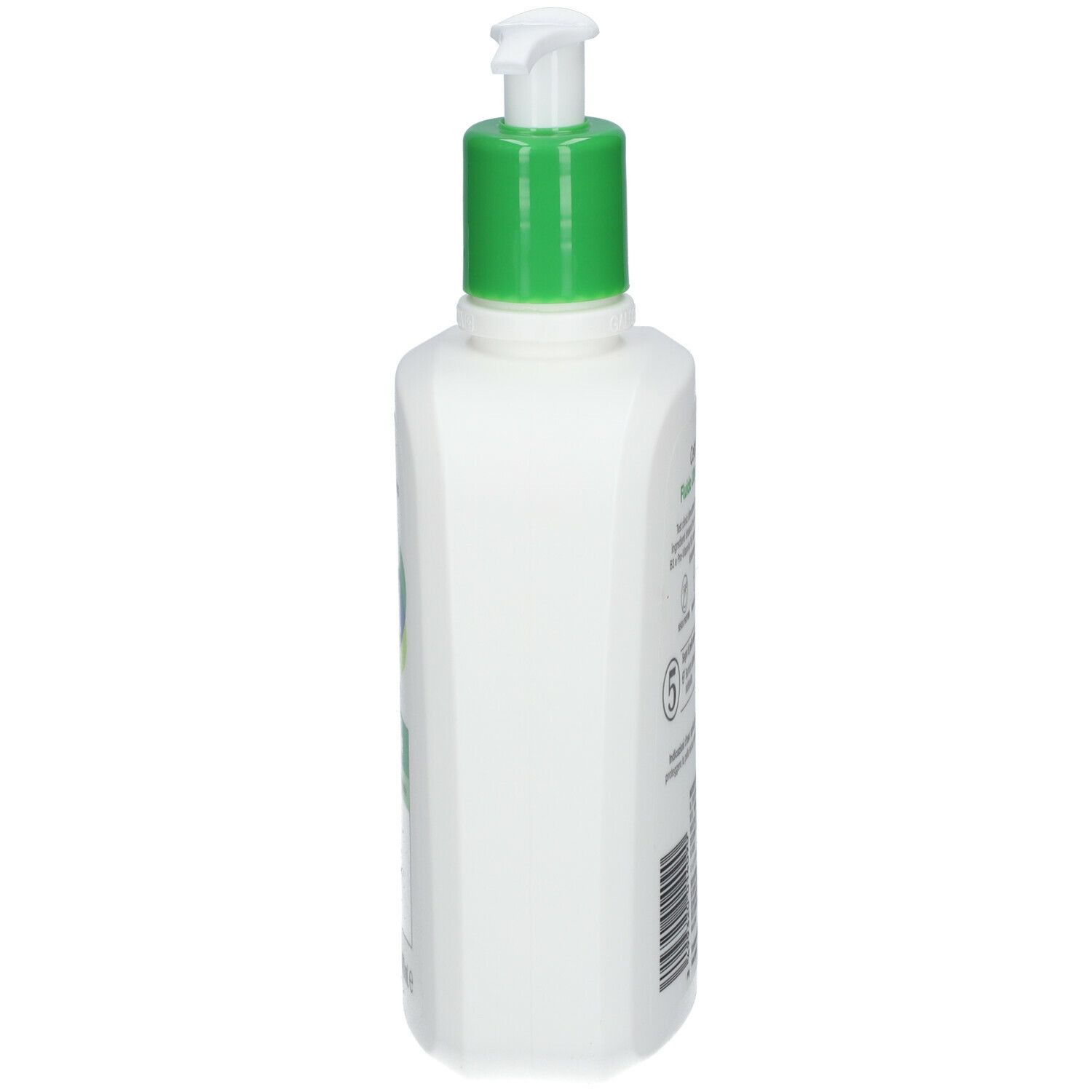 Flacone bianco con erogatore verde, vista laterale. Scritta Cetaphil.
