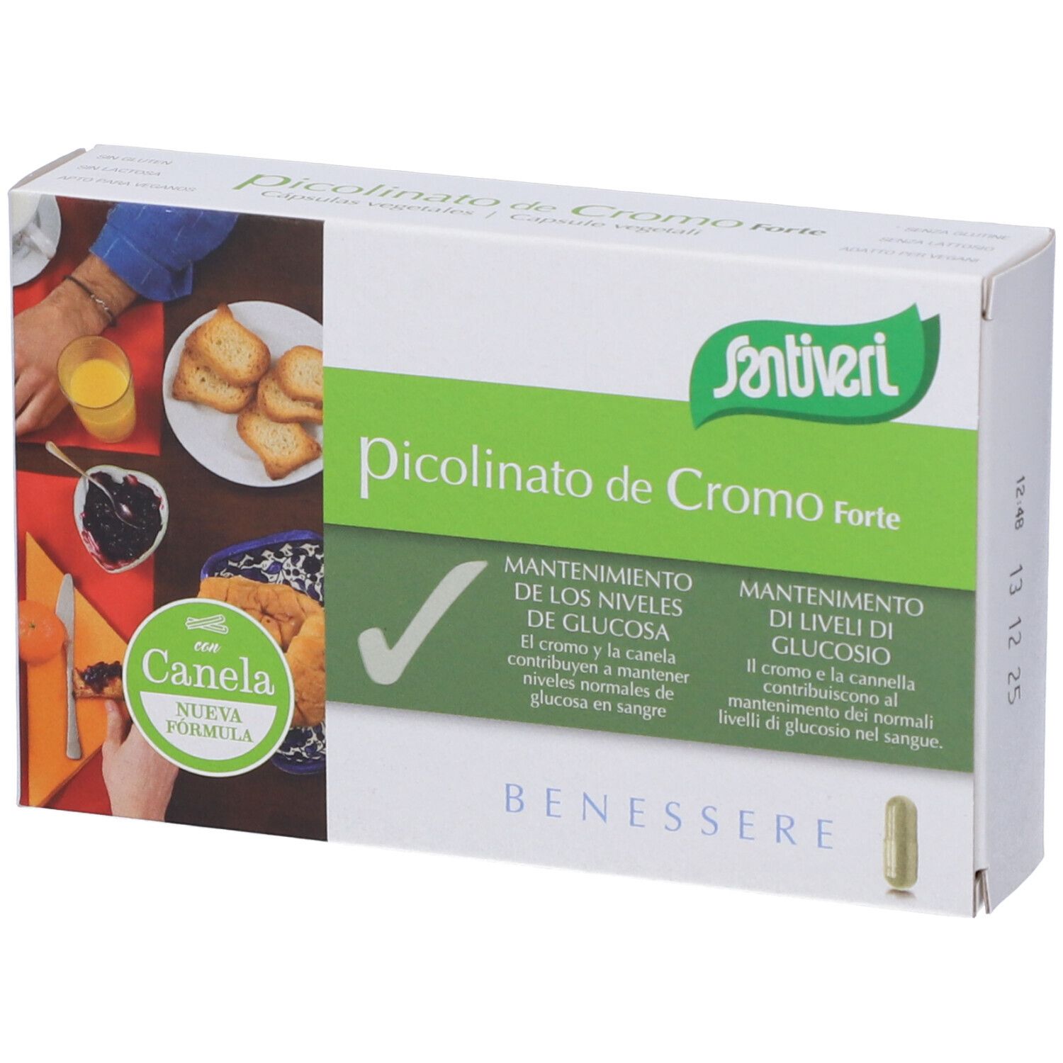 Scatola bianca con nome e logo del prodotto. Scritto: Picolinato de Cromo Forte. Confezione verde e bianca con informazioni.