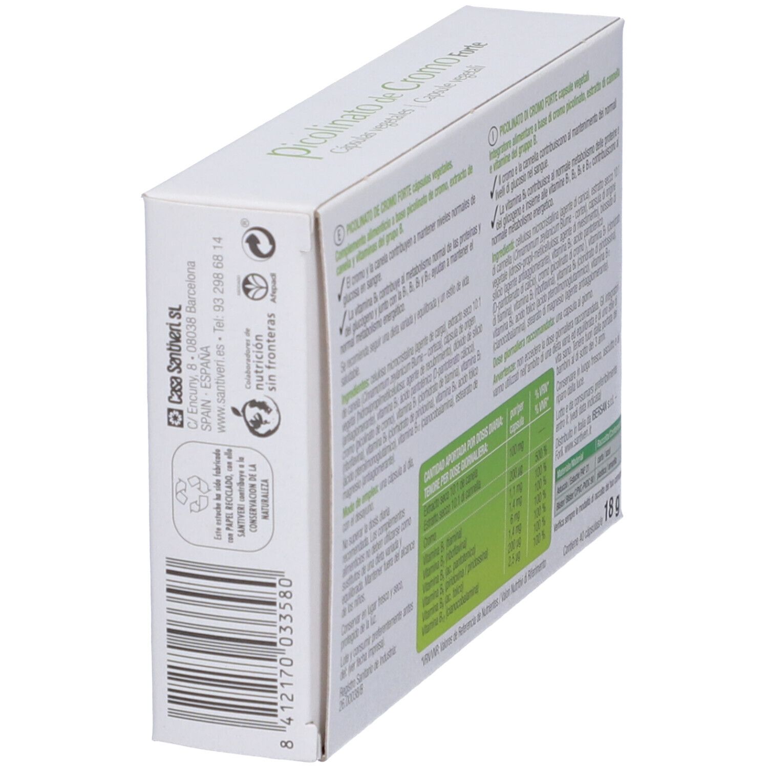 Scatola con informazioni sul prodotto. Scritto: Picolinato de Cromo Forte. Ingredienti e informazioni nutrizionali. Codice a barre.
