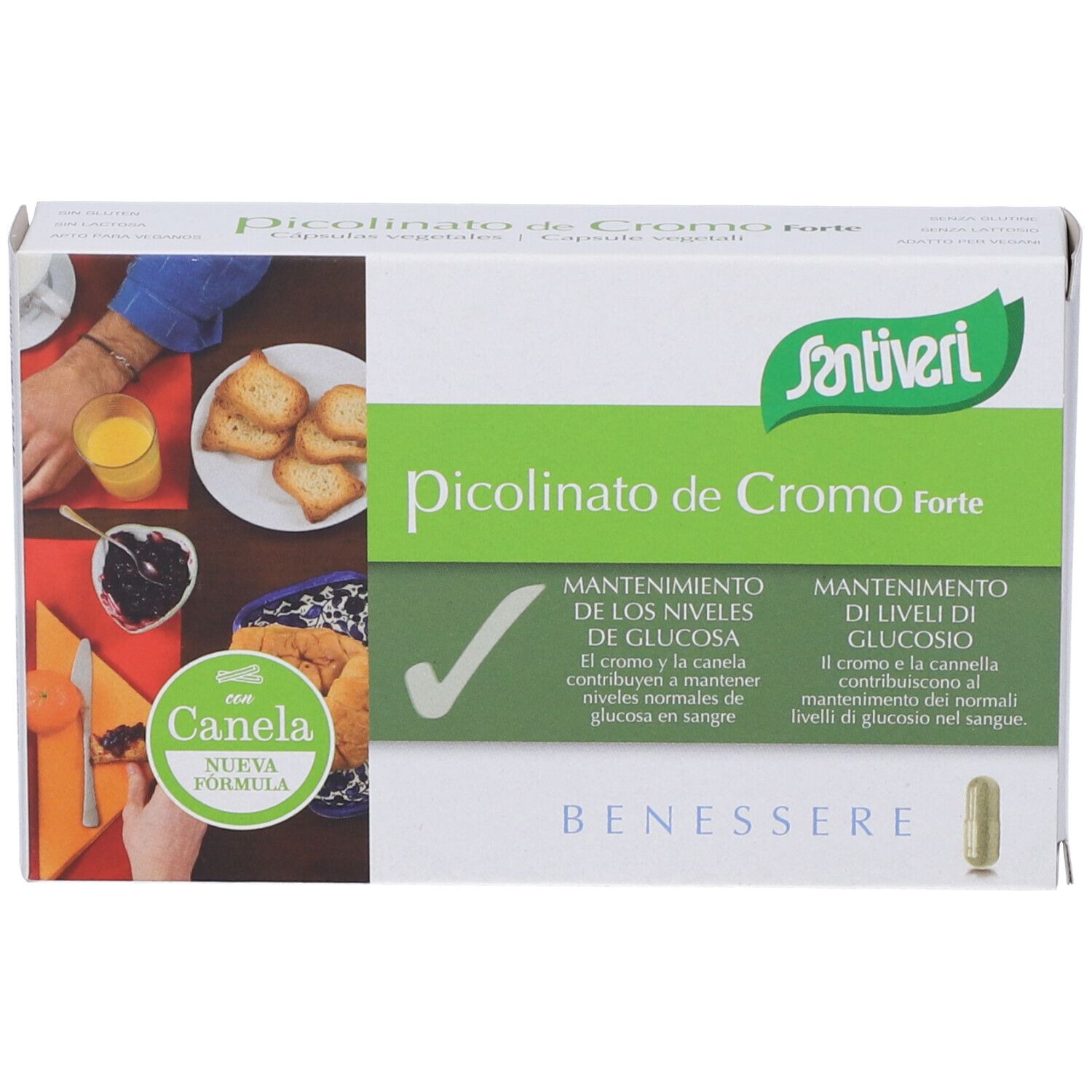 Scatola bianca con nome e logo del prodotto. Scritto: Picolinato de Cromo Forte. Confezione verde e bianca con informazioni.