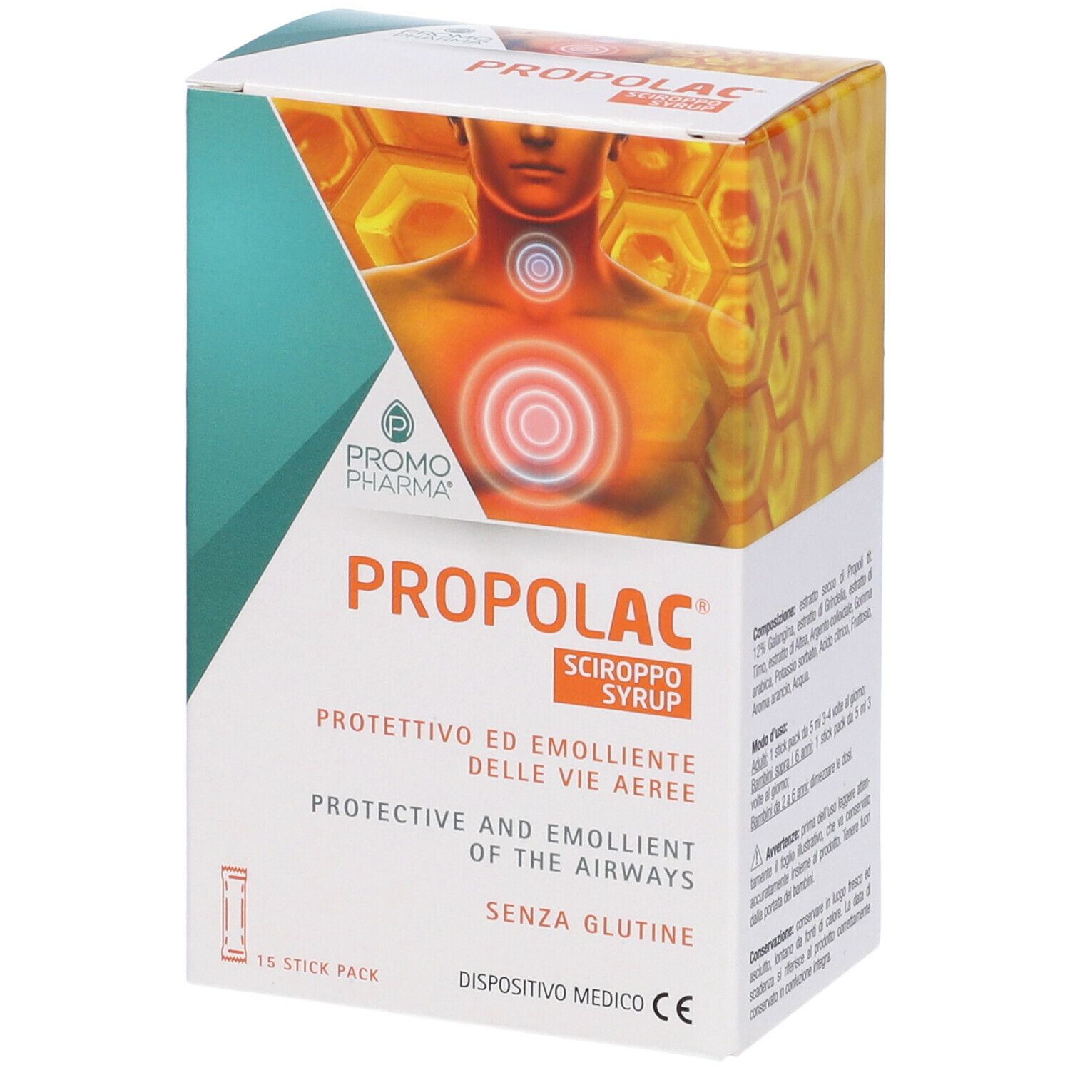 Scatola Propolac Sciroppo Stick. Scritto: Promo Pharma, Propolac, protettivo vie aeree, senza glutine, dispositivo medico.