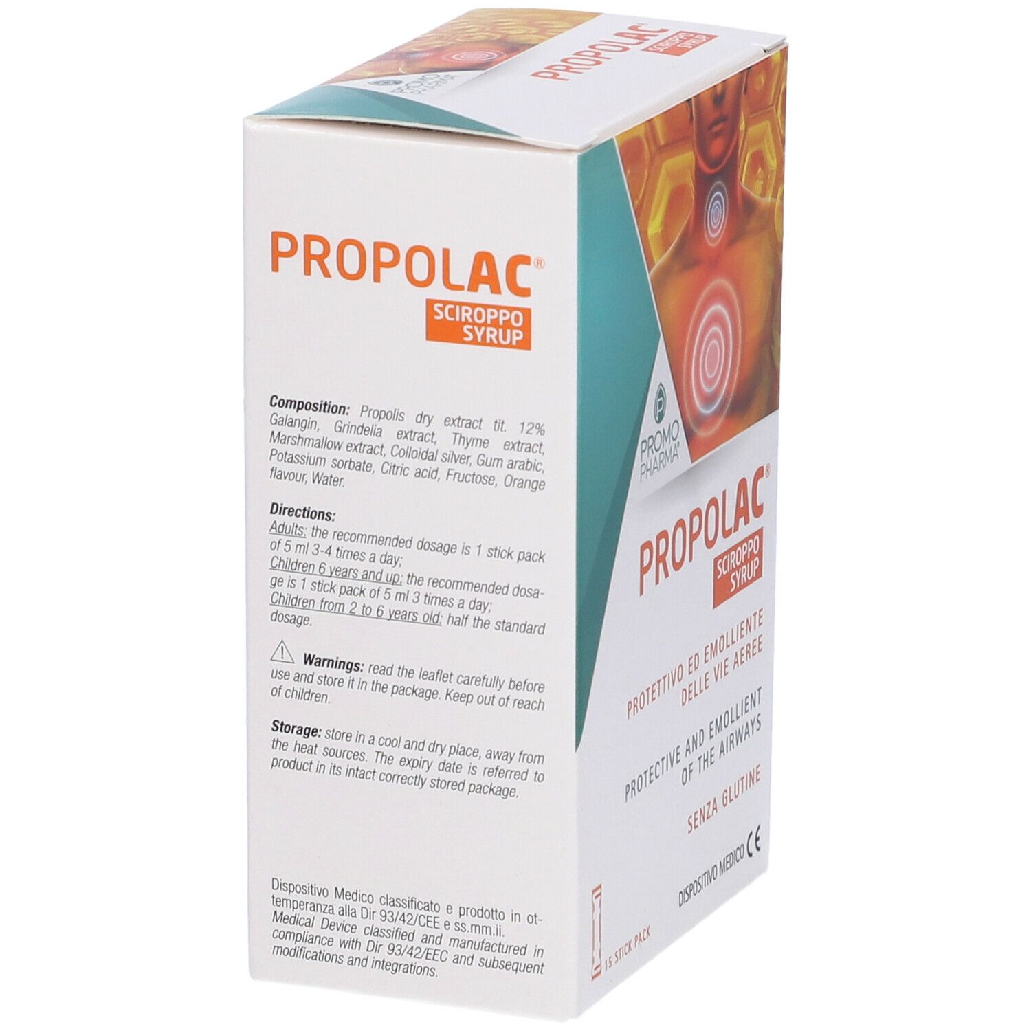 Scatola Propolac Sciroppo Stick. Scritto: Propolac, Sciroppo Syrup, ingredienti, istruzioni per l'uso, conservazione, dispositivo medico.