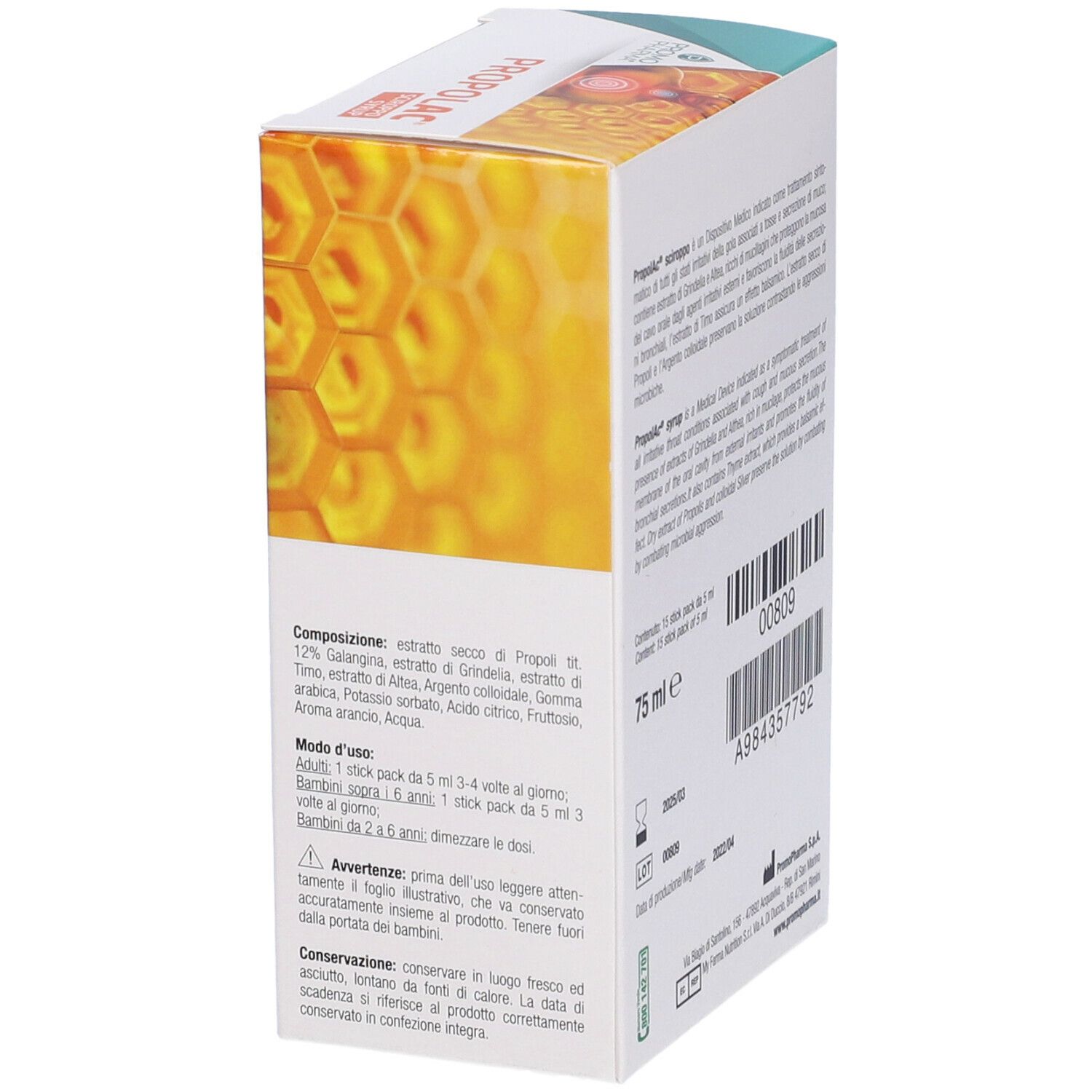 Scatola Propolac Sciroppo Stick. Scritto: ingredienti, istruzioni per l'uso, 75 ml, numero di lotto, scadenza, informazioni produttore.