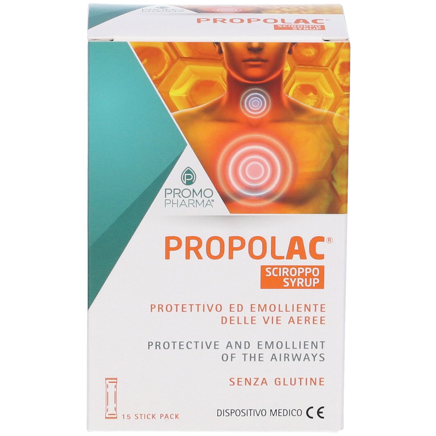 Scatola Propolac Sciroppo Stick. Scritto: Promo Pharma, Propolac, protettivo vie aeree, senza glutine, dispositivo medico, 15 stick pack.