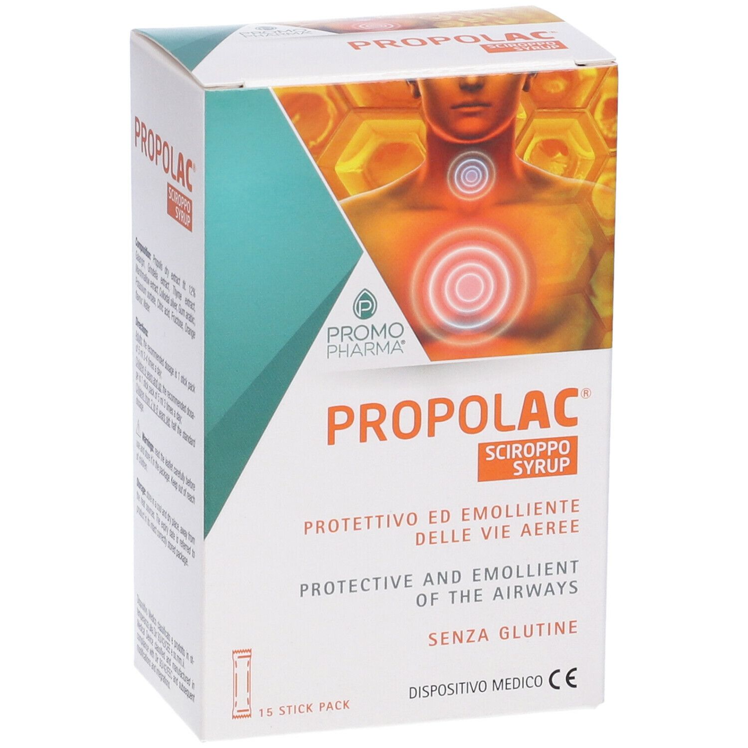 Scatola Propolac Sciroppo Stick. Scritto: Promo Pharma, Propolac, protettivo vie aeree, senza glutine, dispositivo medico, 15 stick pack.