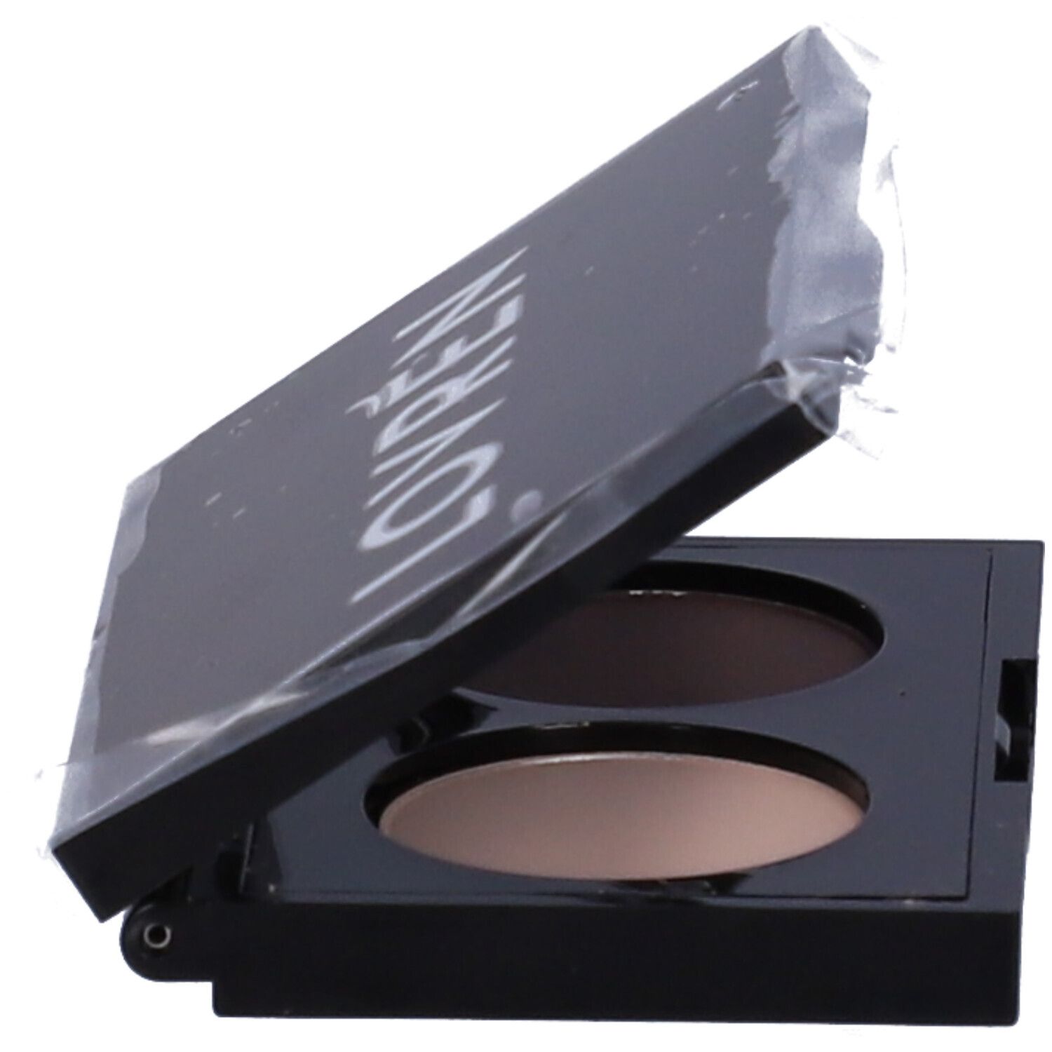 Ombretto Duo Colore OM2 Brown. Palette nera, parzialmente aperta. Coperchio con logo LOVREN. Due tonalità marroni.