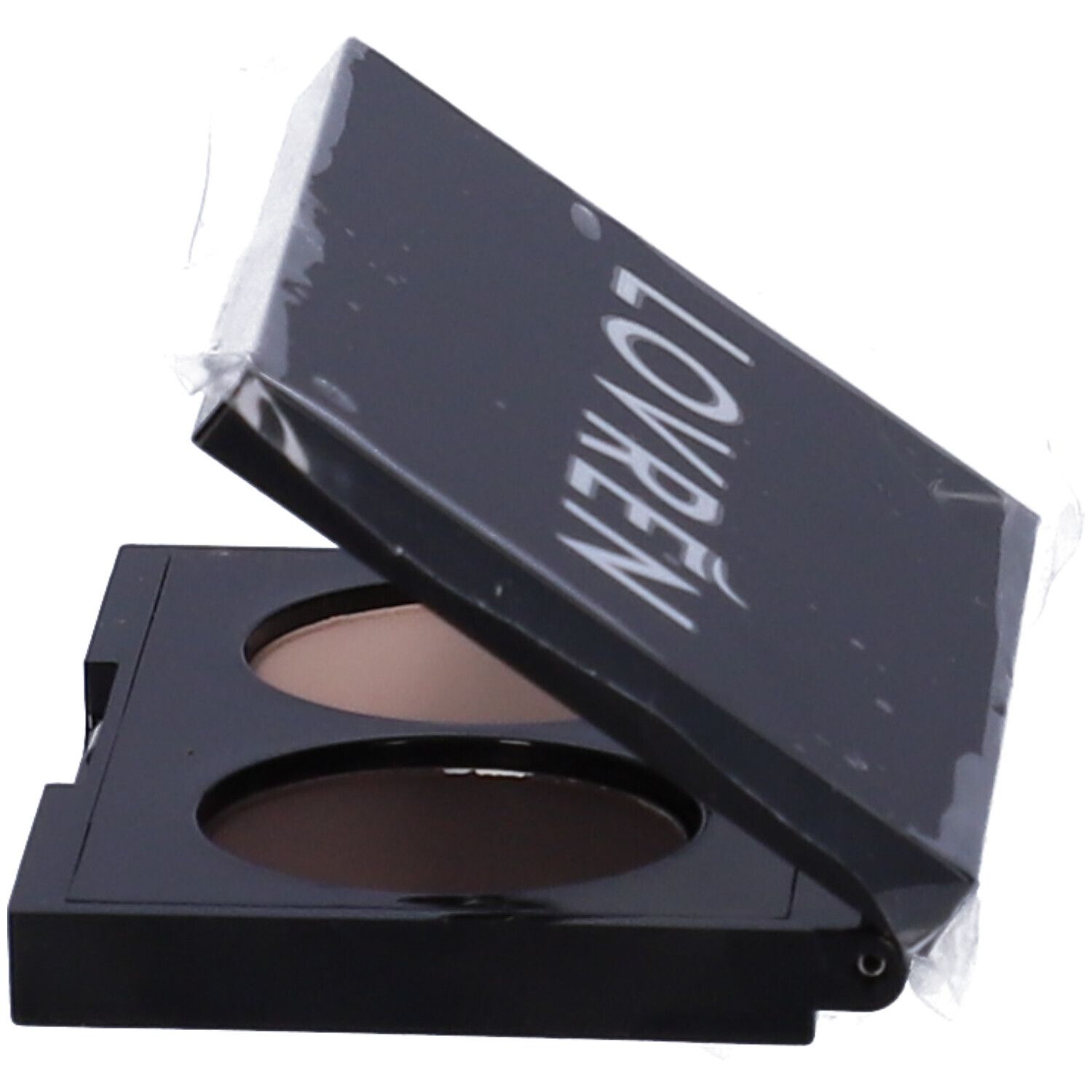 Ombretto Duo Colore OM2 Brown. Palette nera, parzialmente aperta. Coperchio con logo LOVREN. Due tonalità marroni.