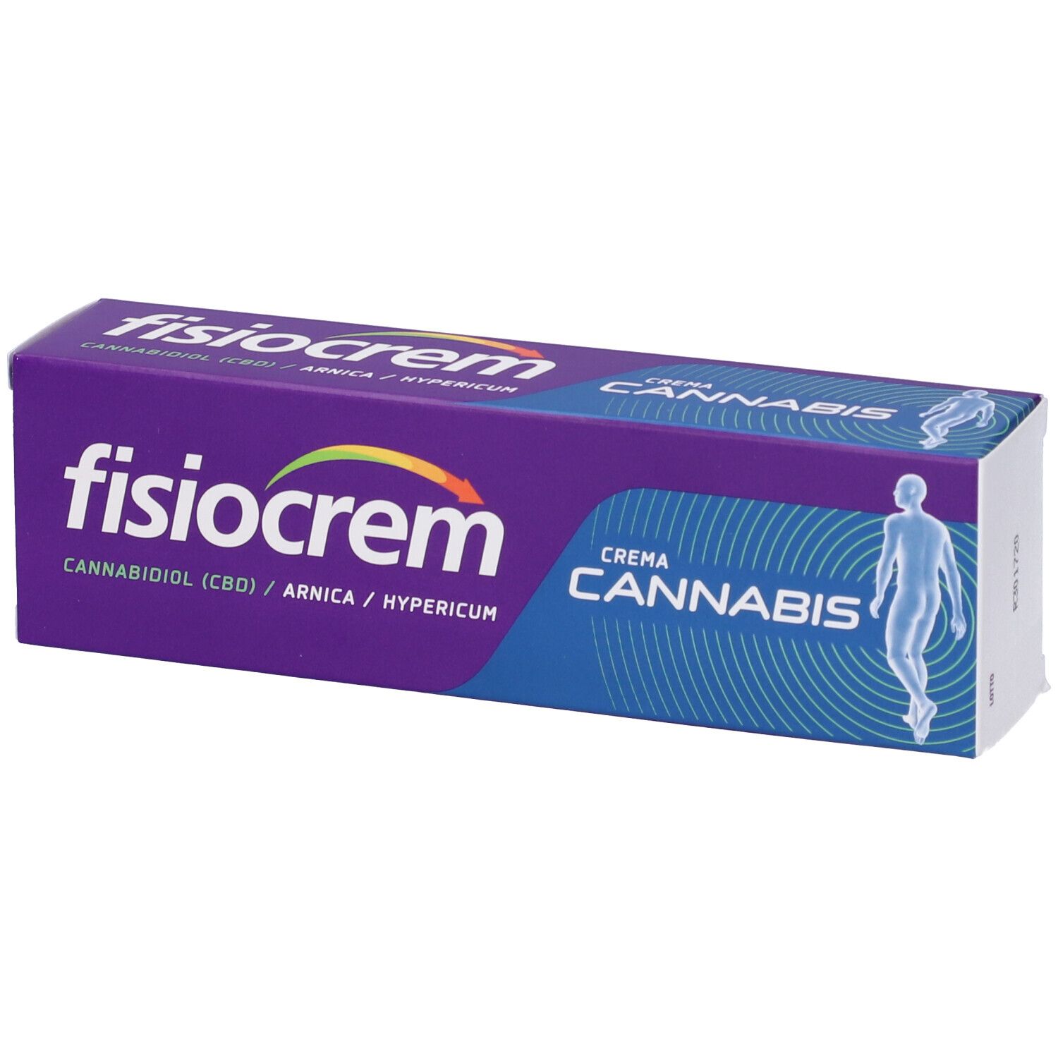 Scatola viola con scritta bianca "fisiocrem" e "Cannabis". Scritta "Crema Cannabis" e illustrazione di un corpo umano.