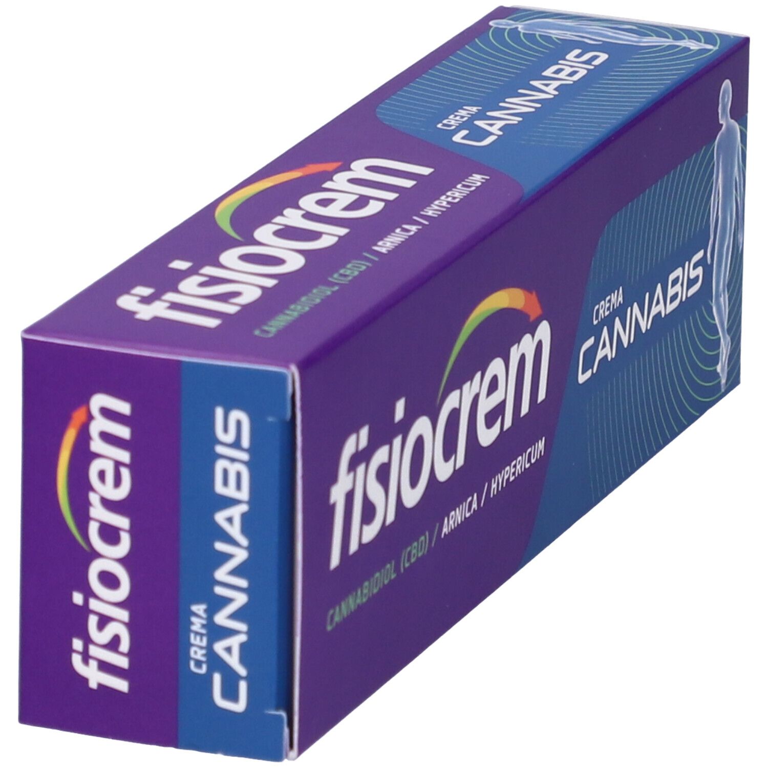 Scatola con scritta "fisiocrem" e "Cannabis". Confezione viola con testo bianco. Illustrazione di un corpo umano.