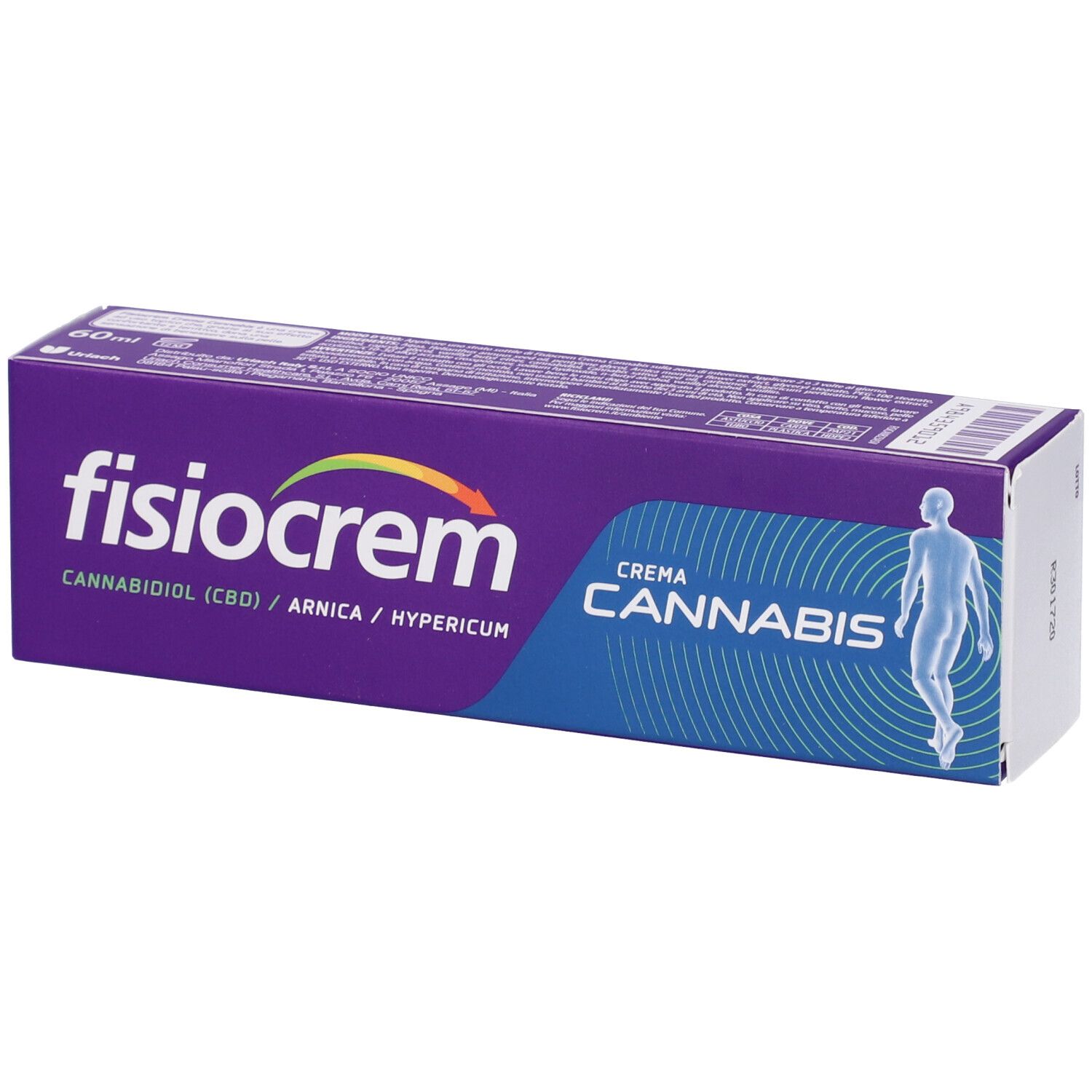 Scatola viola con scritta "fisiocrem" e "Cannabis". Scritta "60ml". Illustrazione di un corpo umano.
