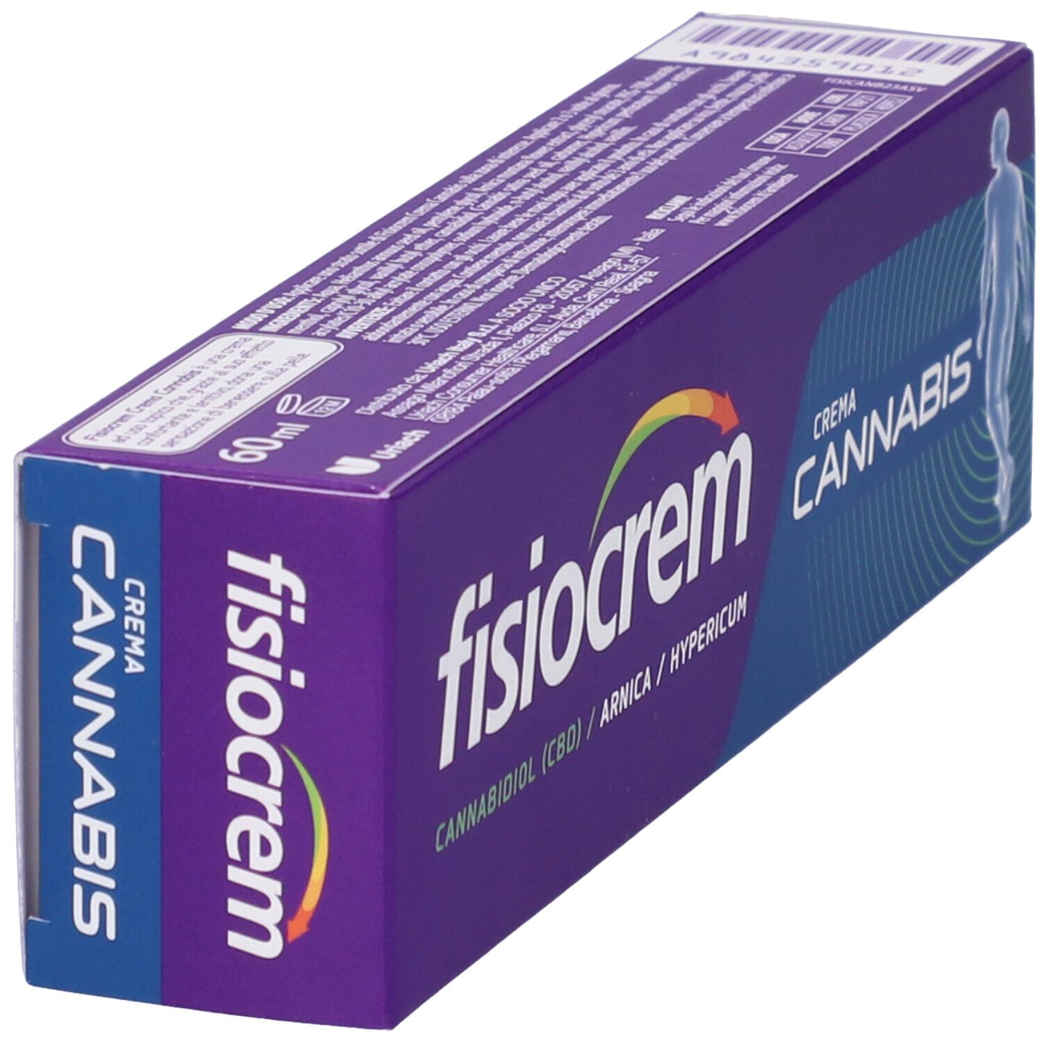 Scatola viola con scritta "fisiocrem" e "Cannabis". Scritta "60ml". Illustrazione di un corpo umano.