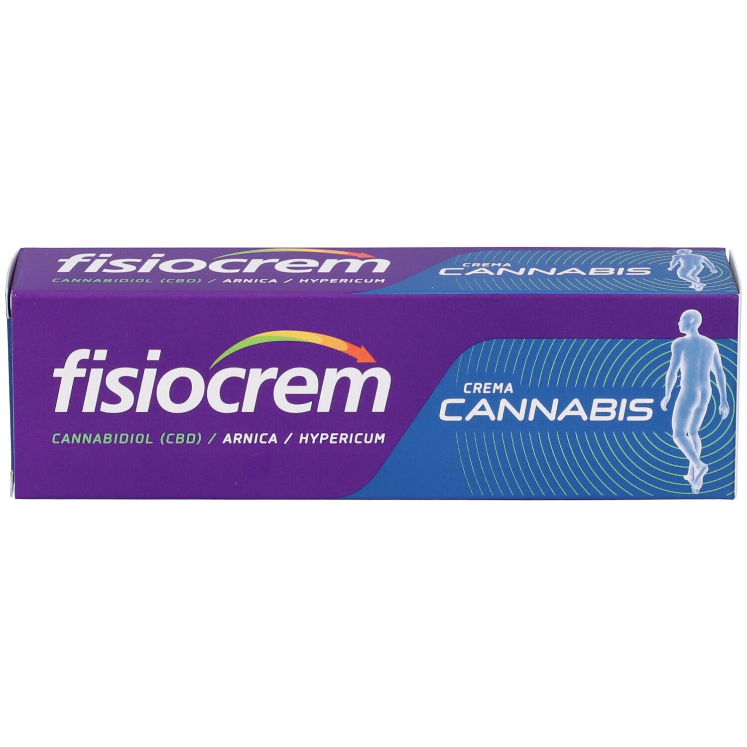 Scatola viola con scritta "fisiocrem" e "Cannabis". Scritta "Crema Cannabis". Illustrazione di un corpo umano.