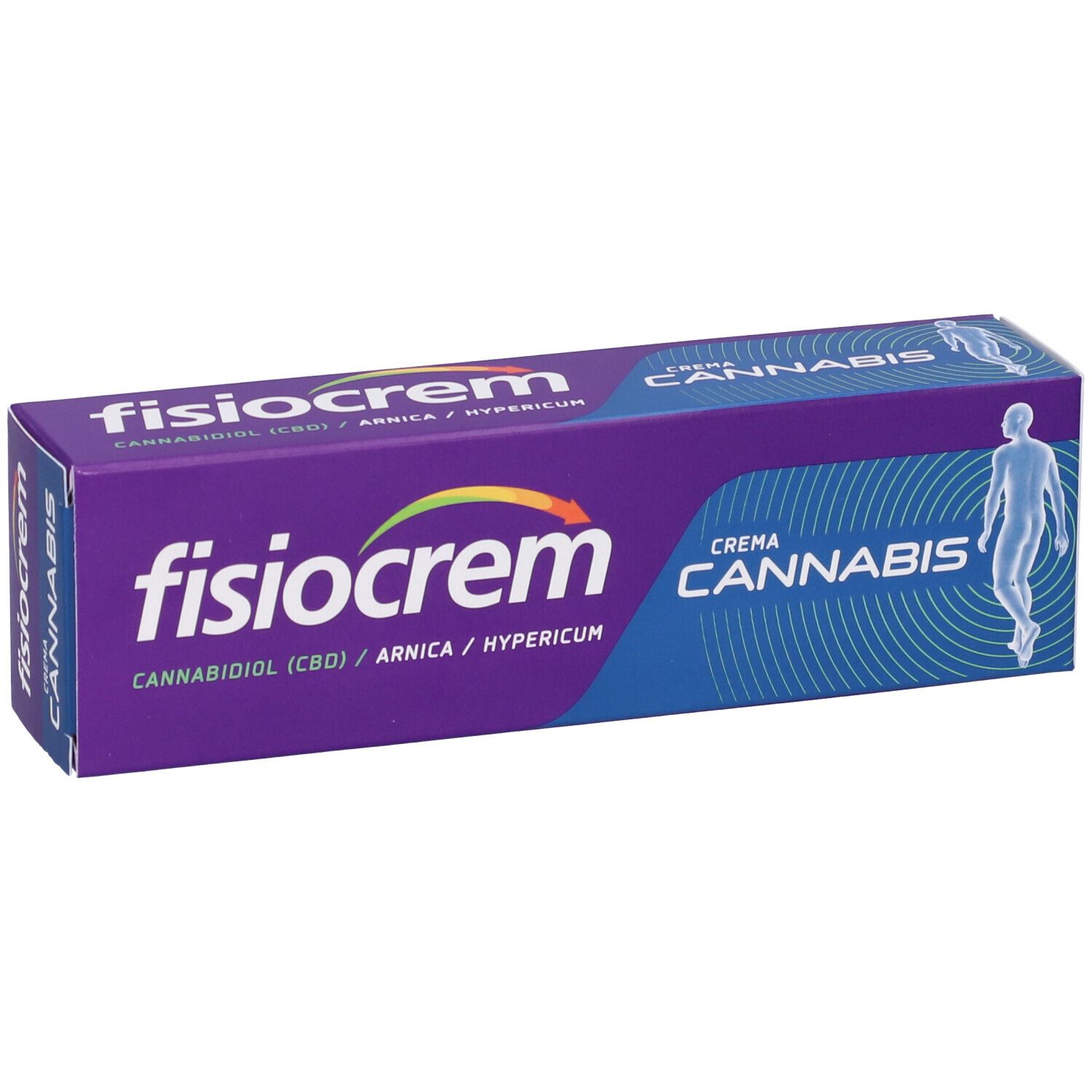Scatola viola con scritta "fisiocrem" e "Cannabis". Scritta "Crema Cannabis". Illustrazione di un corpo umano.