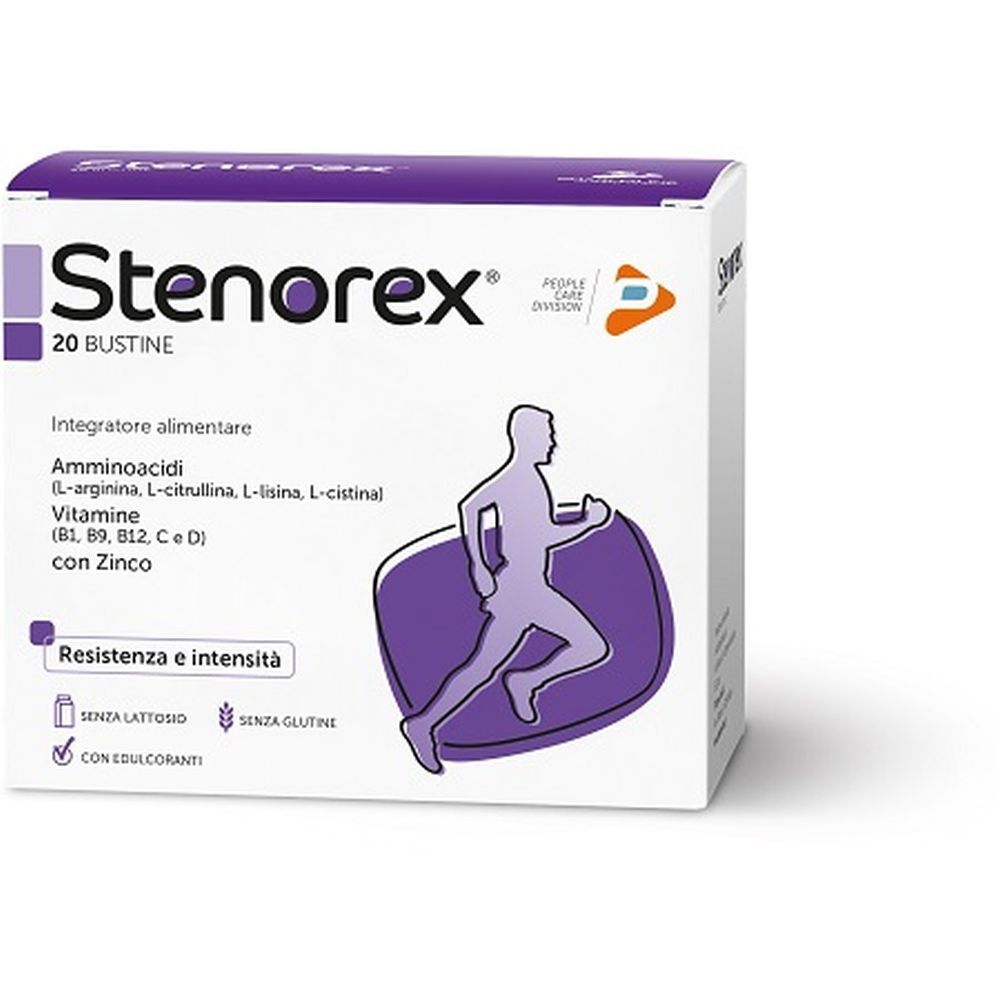 Confezione del integratore alimentare Stenorex con 20 bustine, aminoacidi e vitamine.