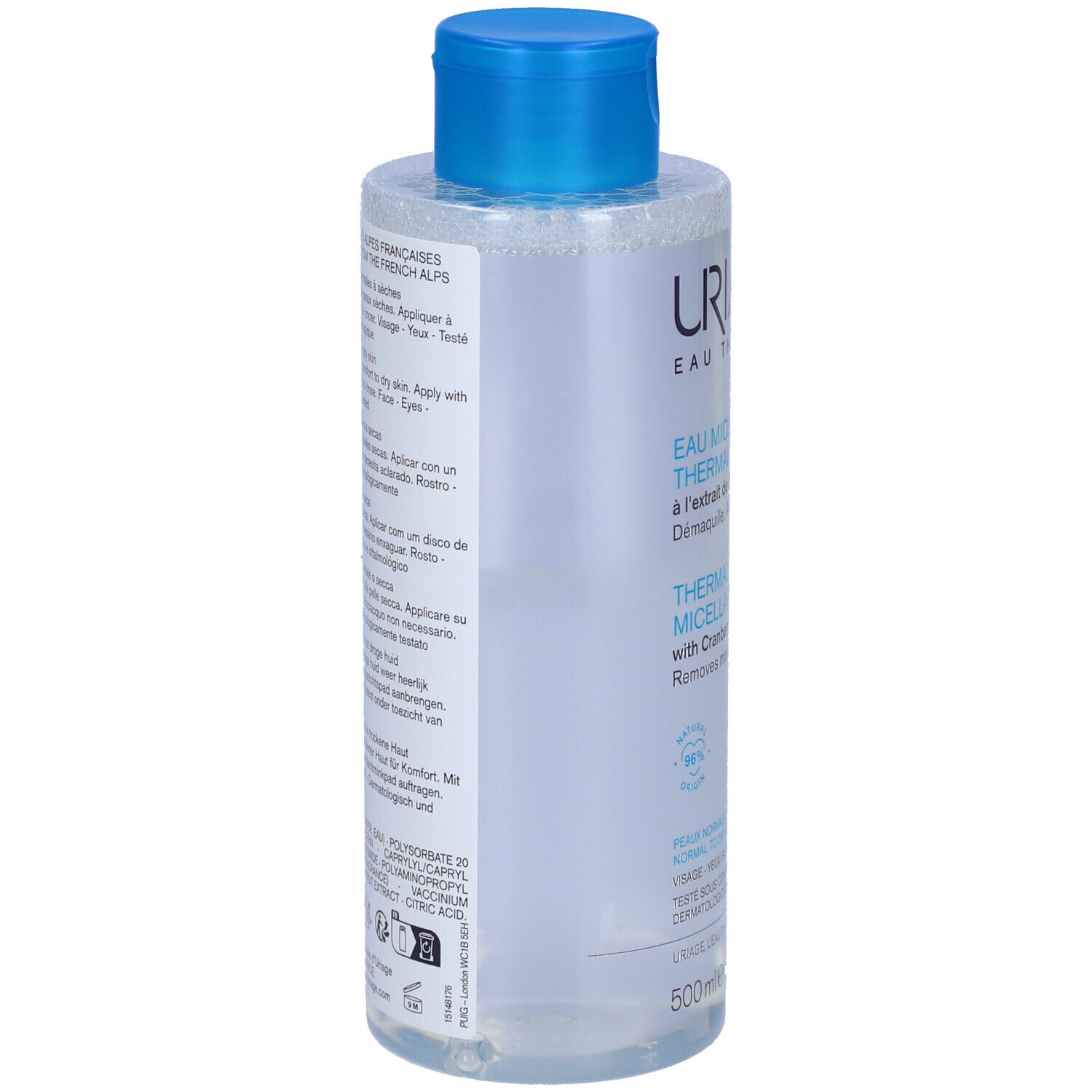Uriage Thermal Mizellenwasser Flasche. Blaue Kappe. Rückseite mit Text. 500ml. Inhaltsstoffe und Anweisungen.
