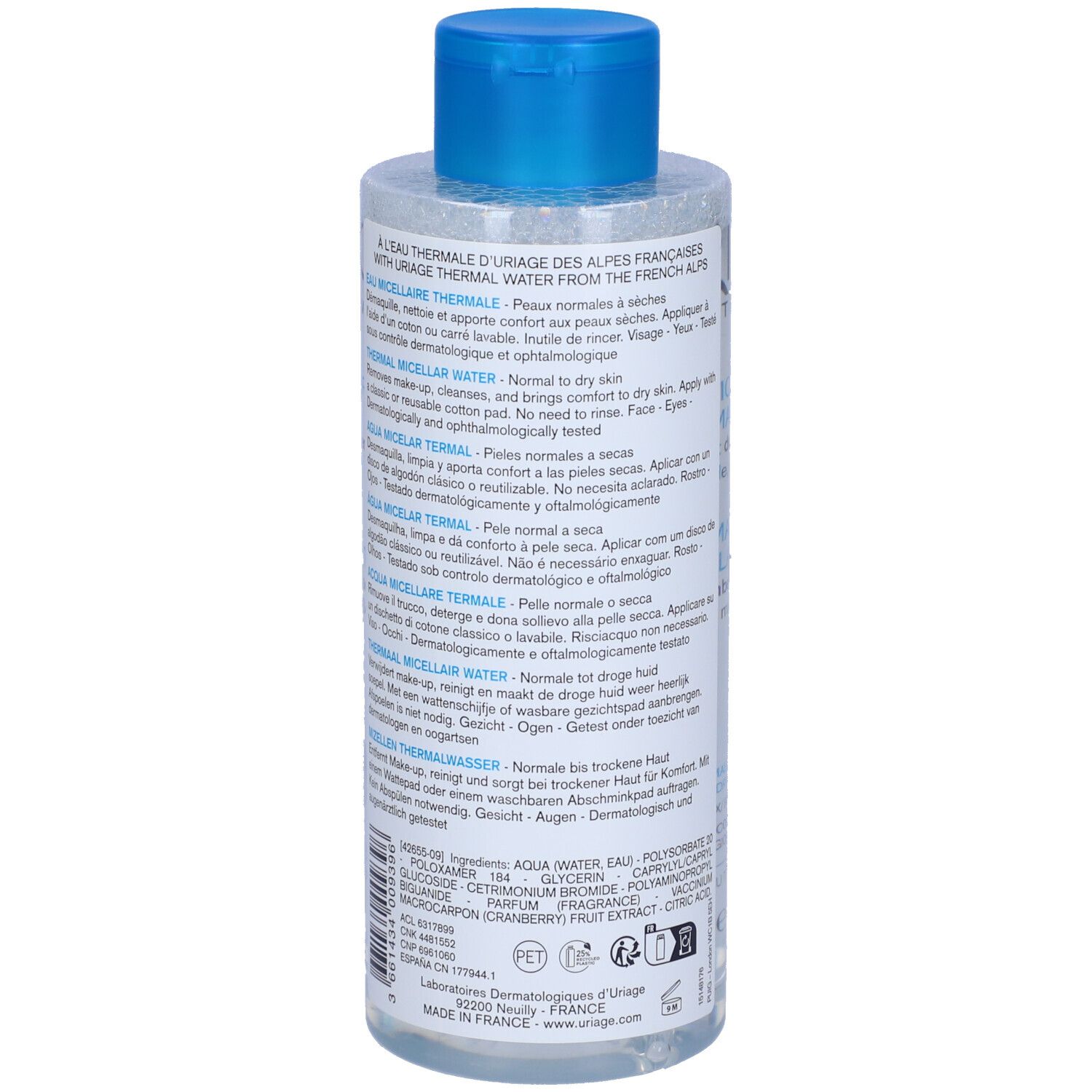 Uriage Thermal Mizellenwasser Flasche. Blaue Kappe. Rückseite mit Text. 500ml. Inhaltsstoffe und Anweisungen.