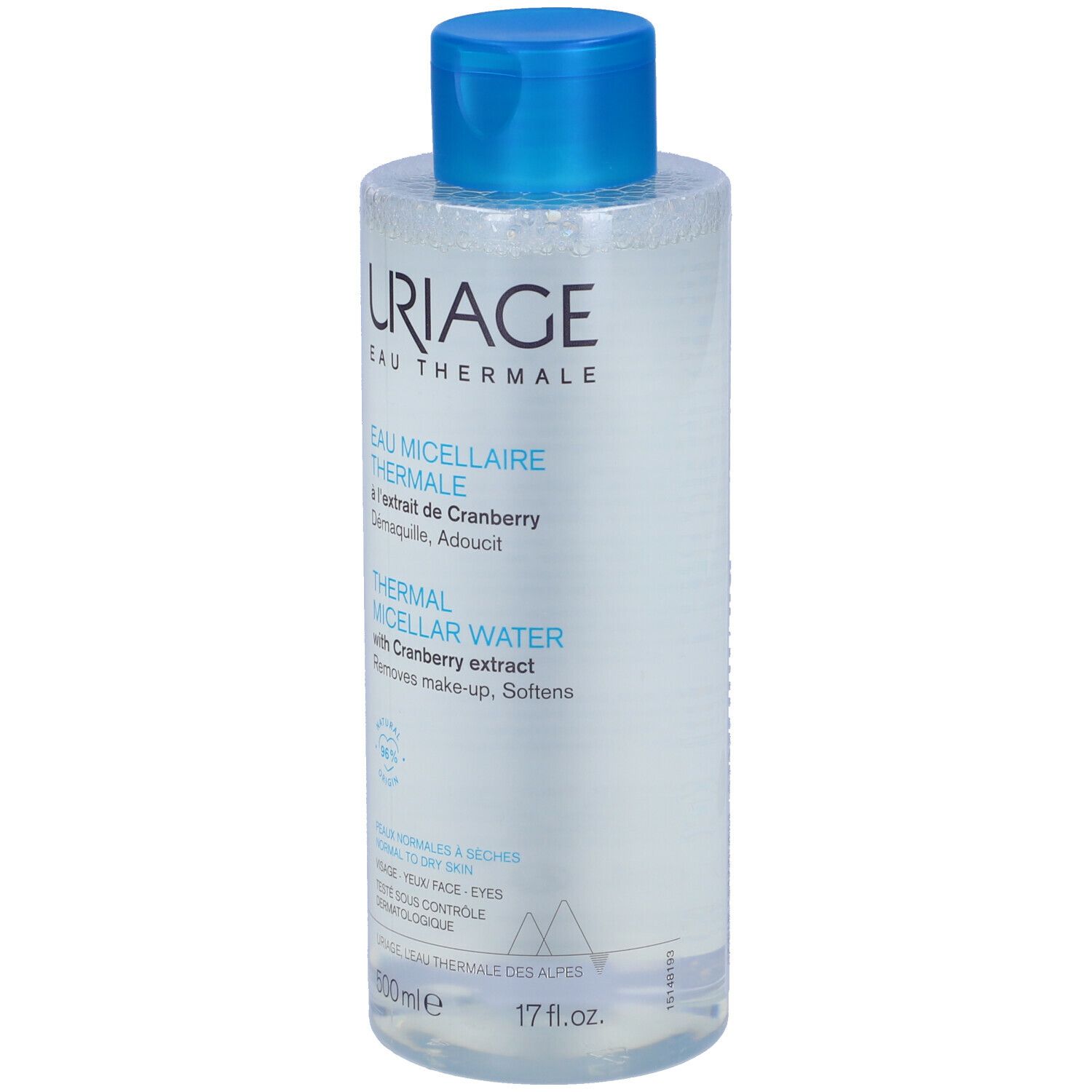 Uriage Thermal Mizellenwasser. Flasche mit blauem Deckel. Text: Eau Micellaire Thermale, Thermal Micellar Water. 500ml.