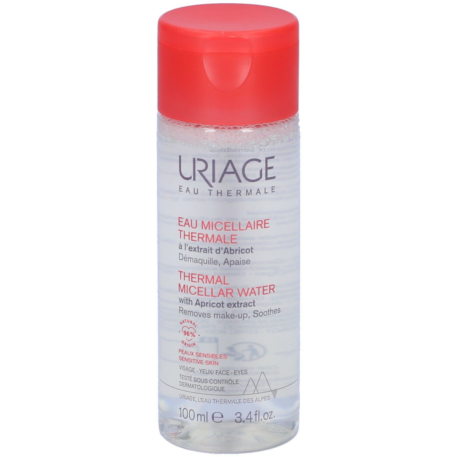 Flacone di Acqua Micellare Termale URIAGE con tappo rosso. Contiene estratto di albicocca. Per pelli sensibili.