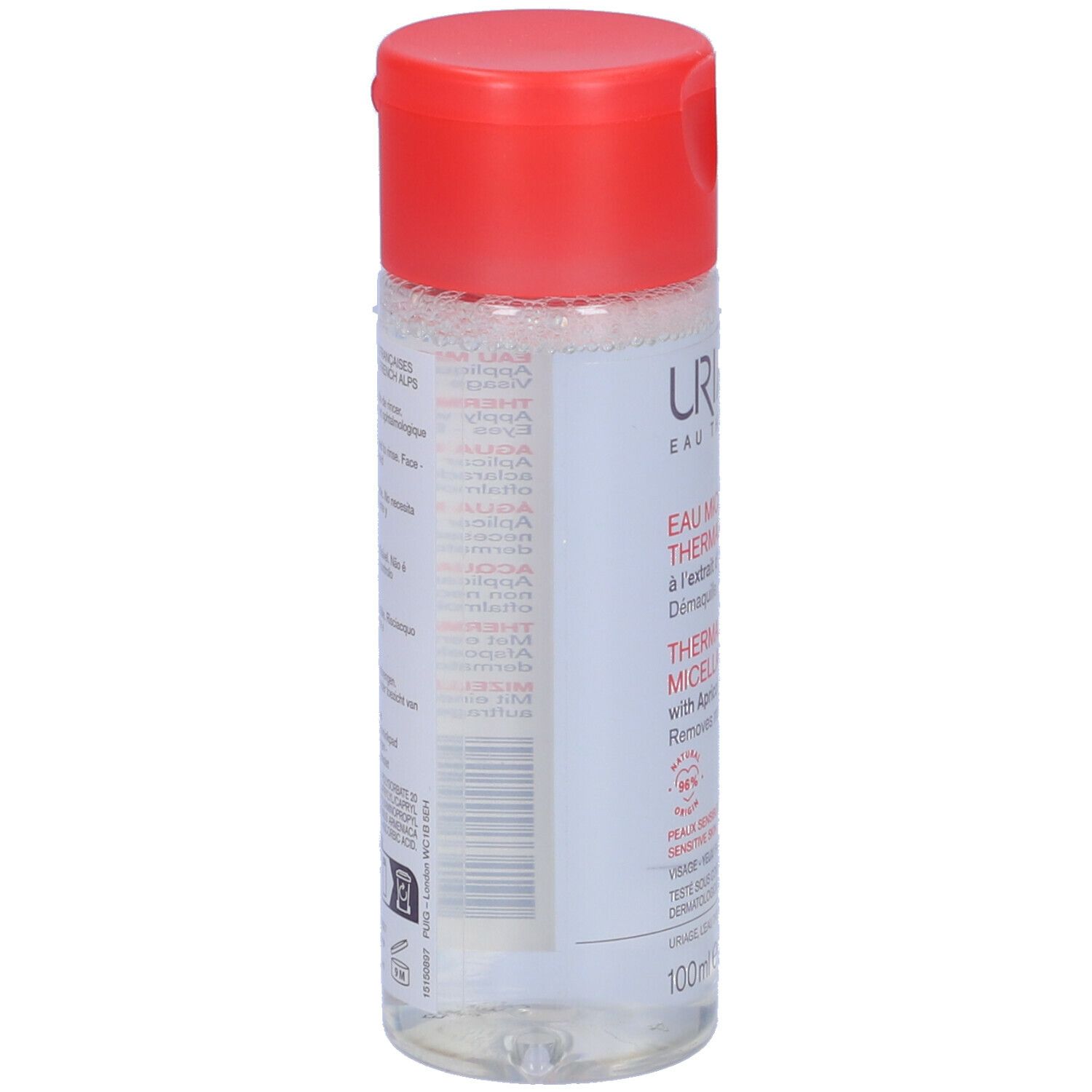 Flacone di Acqua Micellare Termale URIAGE con tappo rosso. Informazioni sul prodotto sul retro. Per pelli sensibili.