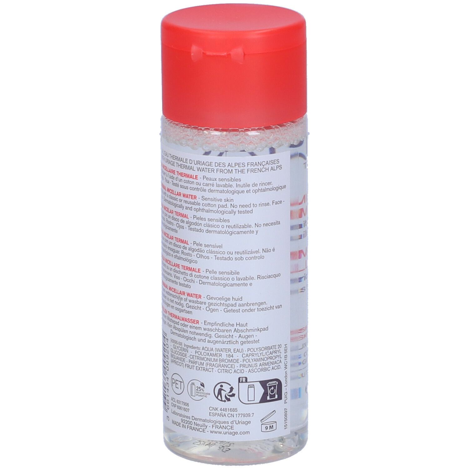 Flacone di Acqua Micellare Termale URIAGE con tappo rosso. Informazioni sul prodotto sul retro. Multilingue.