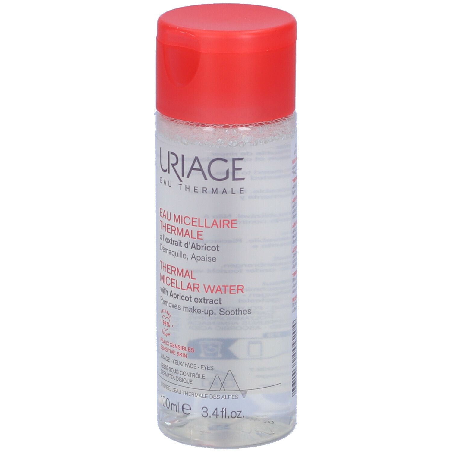 Flacone di Acqua Micellare Termale URIAGE con tappo rosso. Contiene estratto di albicocca. Per pelli sensibili.