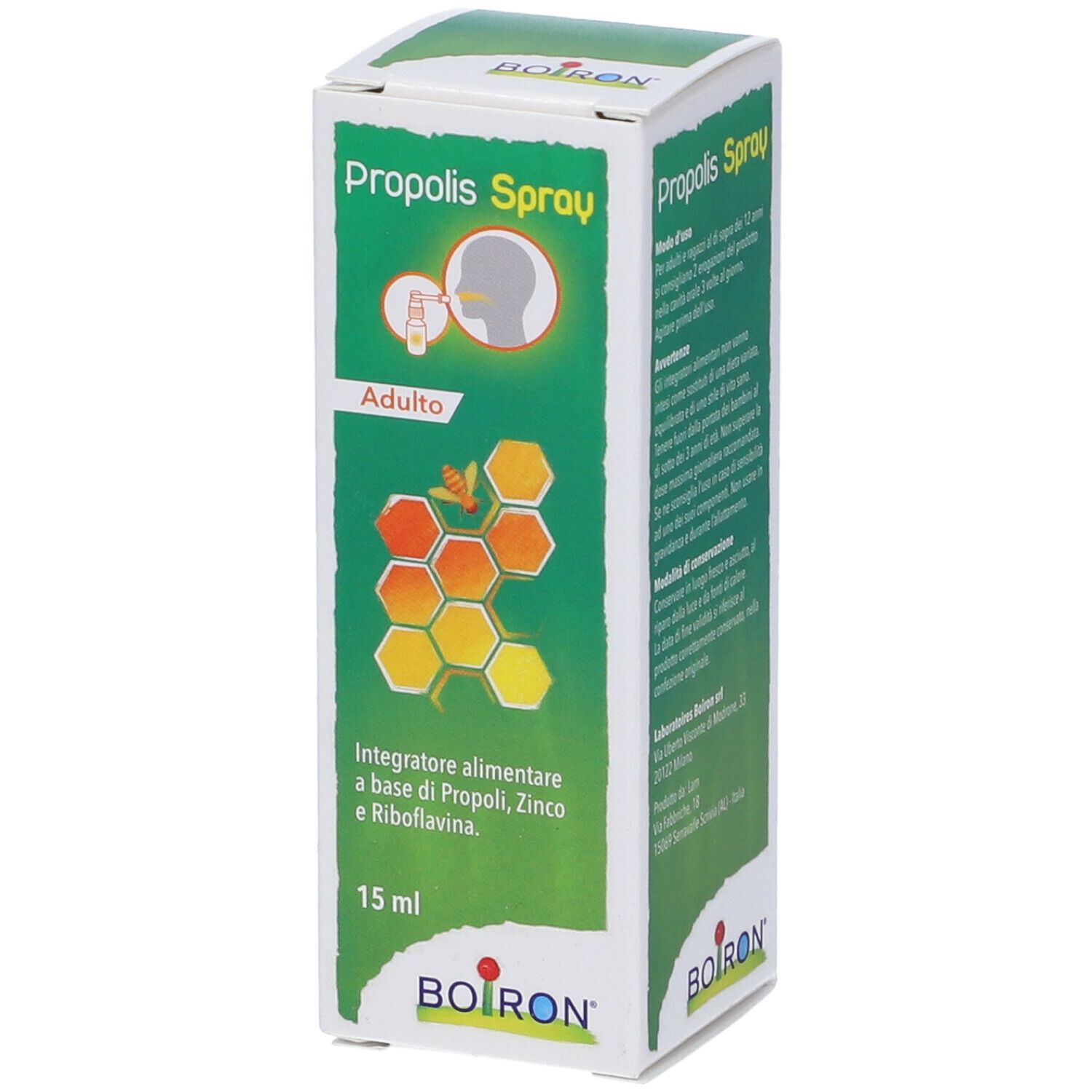 Scatola di Propolis Spray. Scritta: BOIRON, Propolis Spray, 15 ml, illustrazione di una persona che spruzza in bocca.