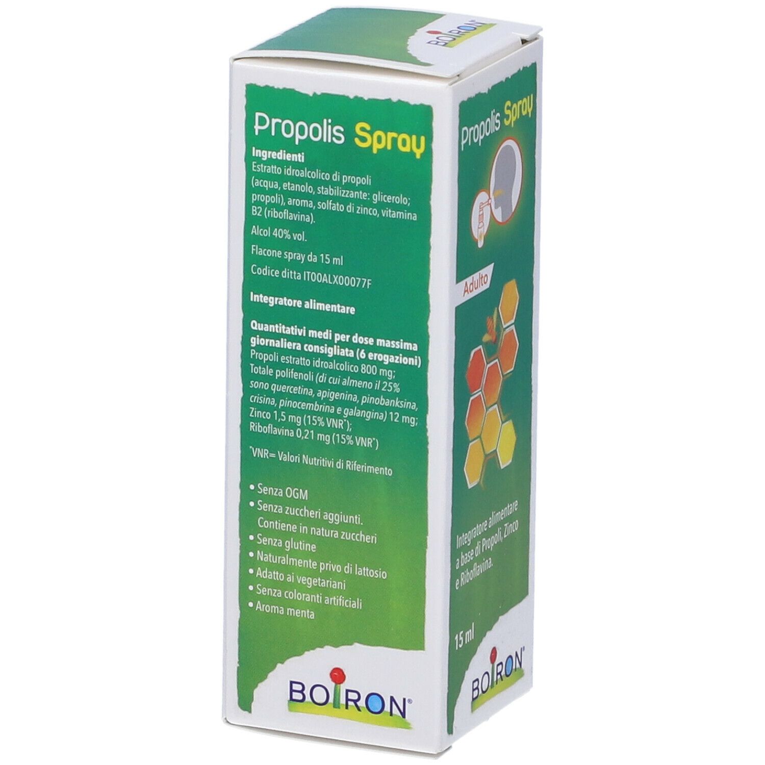 Scatola di Propolis Spray. Scritta: BOIRON, Propolis Spray, ingredienti, 15 ml, illustrazione di una persona che spruzza in bocca.