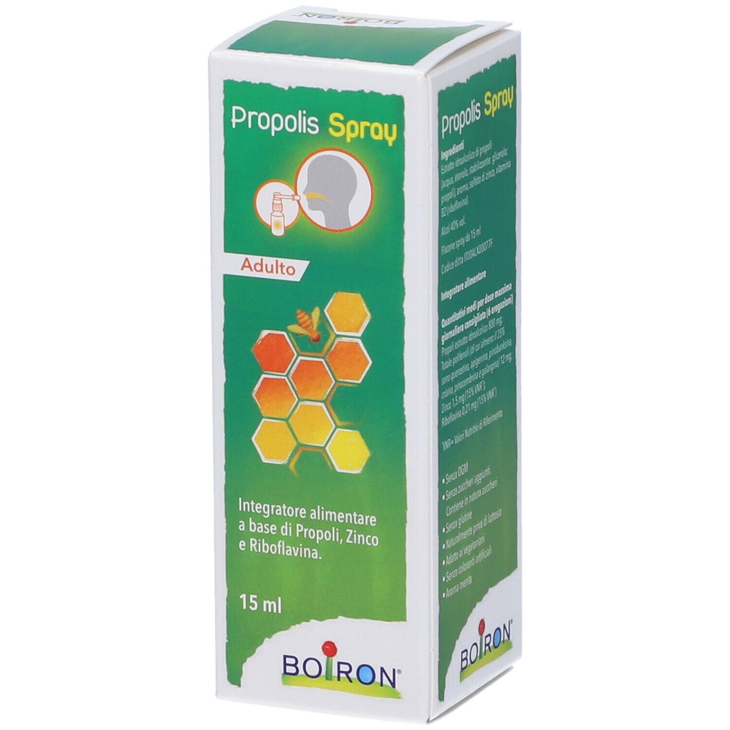 Scatola di Propolis Spray. Scritta: BOIRON, Propolis Spray, illustrazione di una persona che spruzza in bocca, 15 ml.