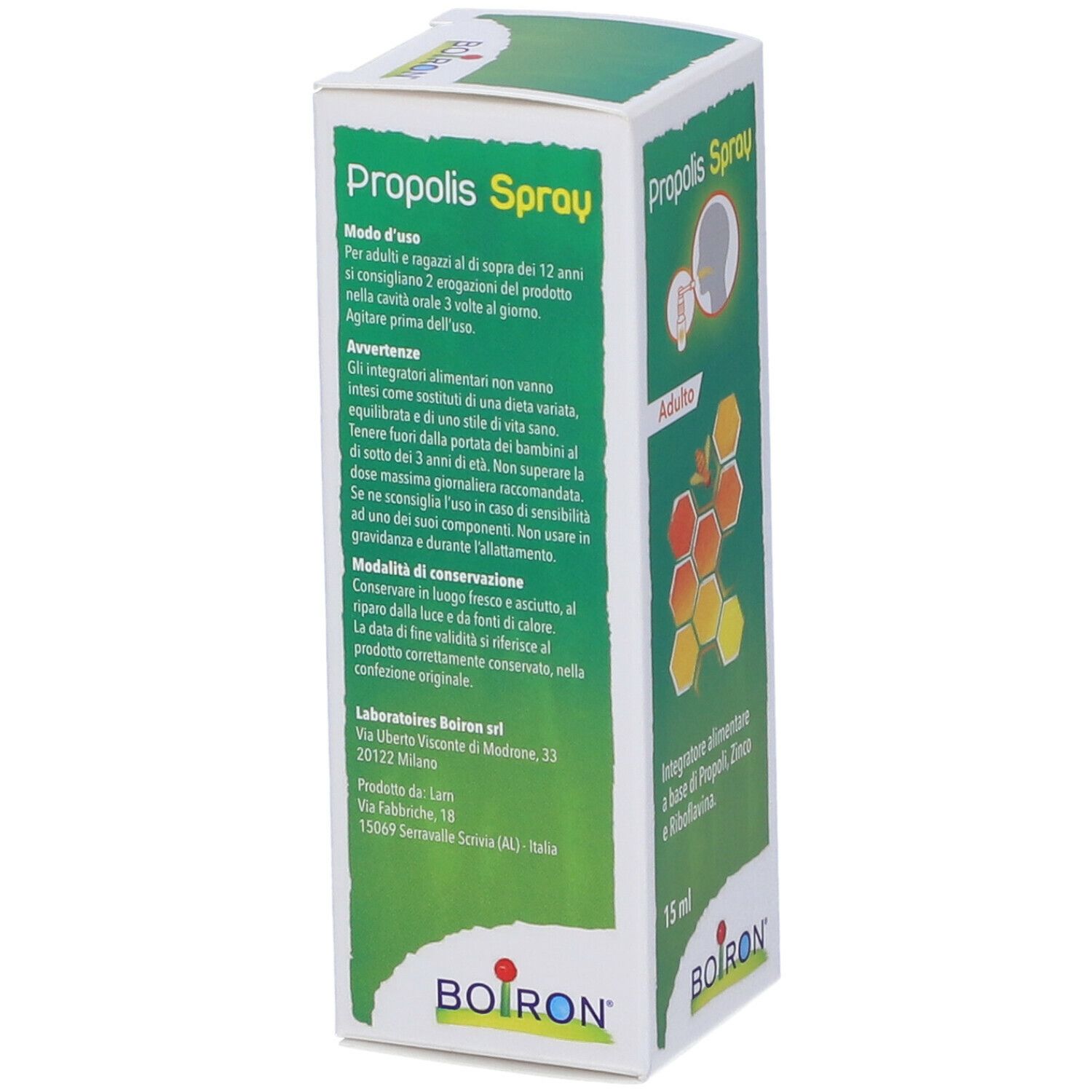 Scatola di Propolis Spray. Scritta: BOIRON, Propolis Spray, modo d'uso, 15 ml, illustrazione di una persona che spruzza in bocca.