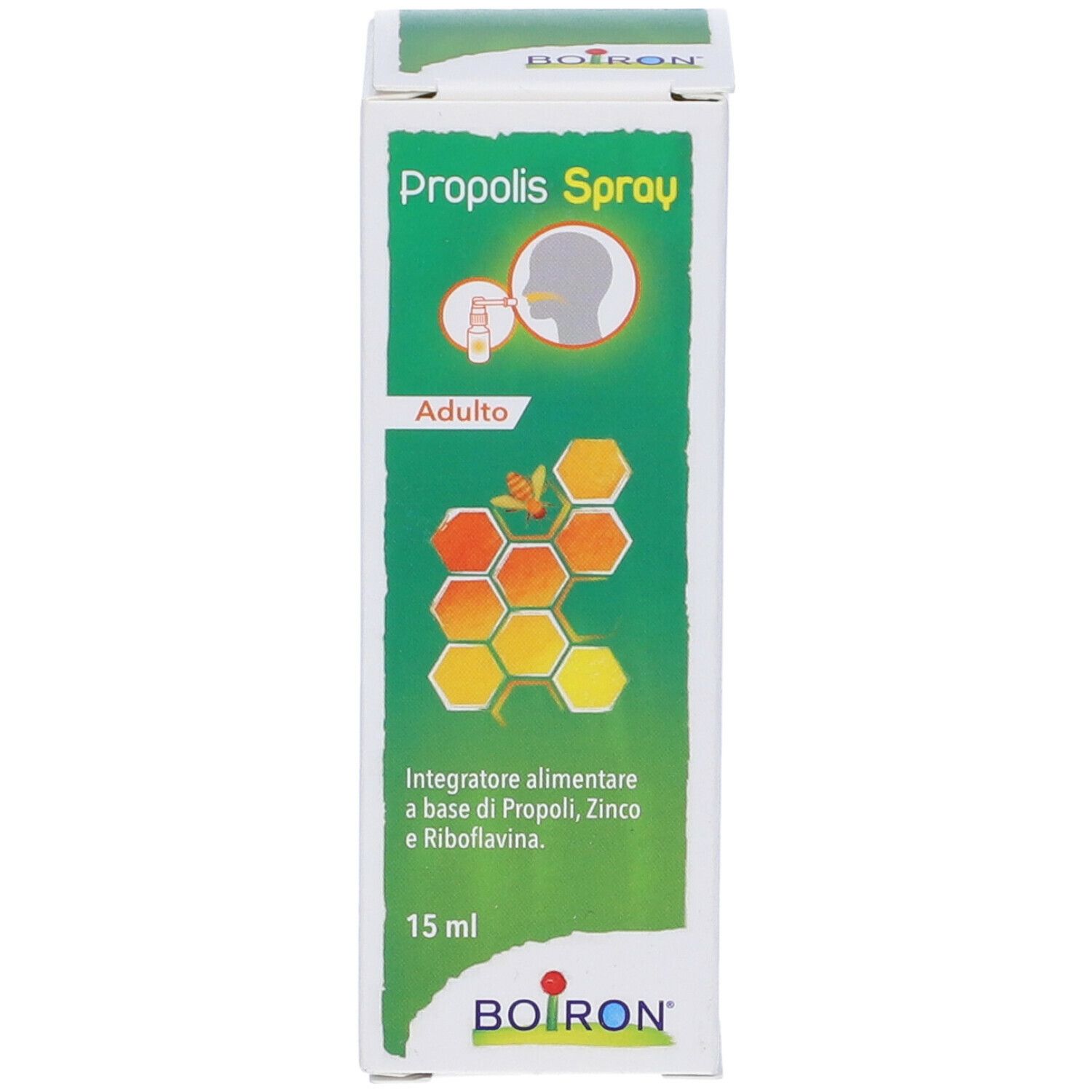 Scatola di Propolis Spray. Scritta: BOIRON, Propolis Spray, illustrazione di una persona che spruzza in bocca, 15 ml.