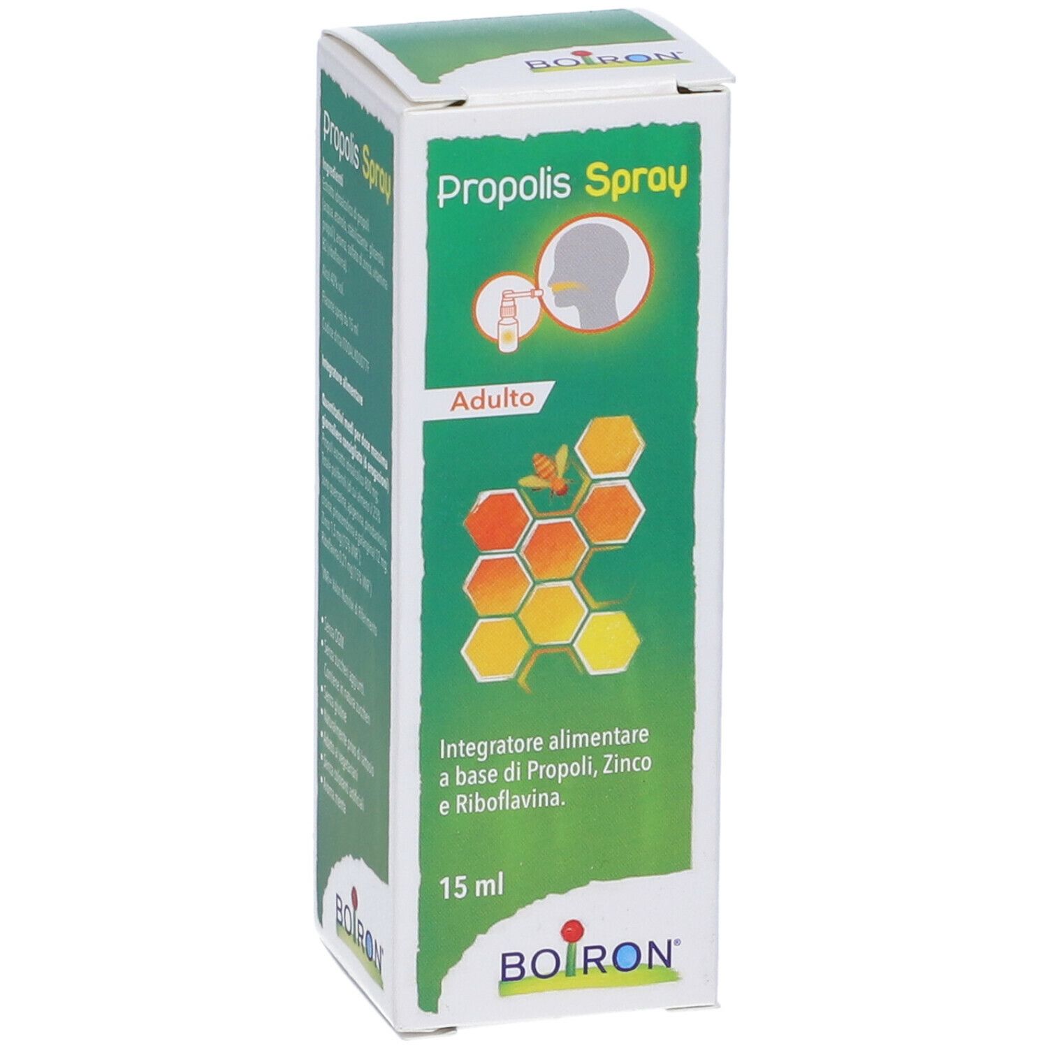 Scatola di Propolis Spray. Scritta: BOIRON, Propolis Spray, illustrazione di una persona che spruzza in bocca, 15 ml.